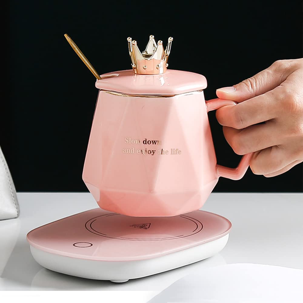 CGHWBEA Electric Coffee Mug Warmer for Desk - Pink USB-Powered Beverage Warmer for Tea, Milk, Cocoa & Hot Drinks - Includes Insulated Travel Mug - Perfect for Office, Home & Dorm Use