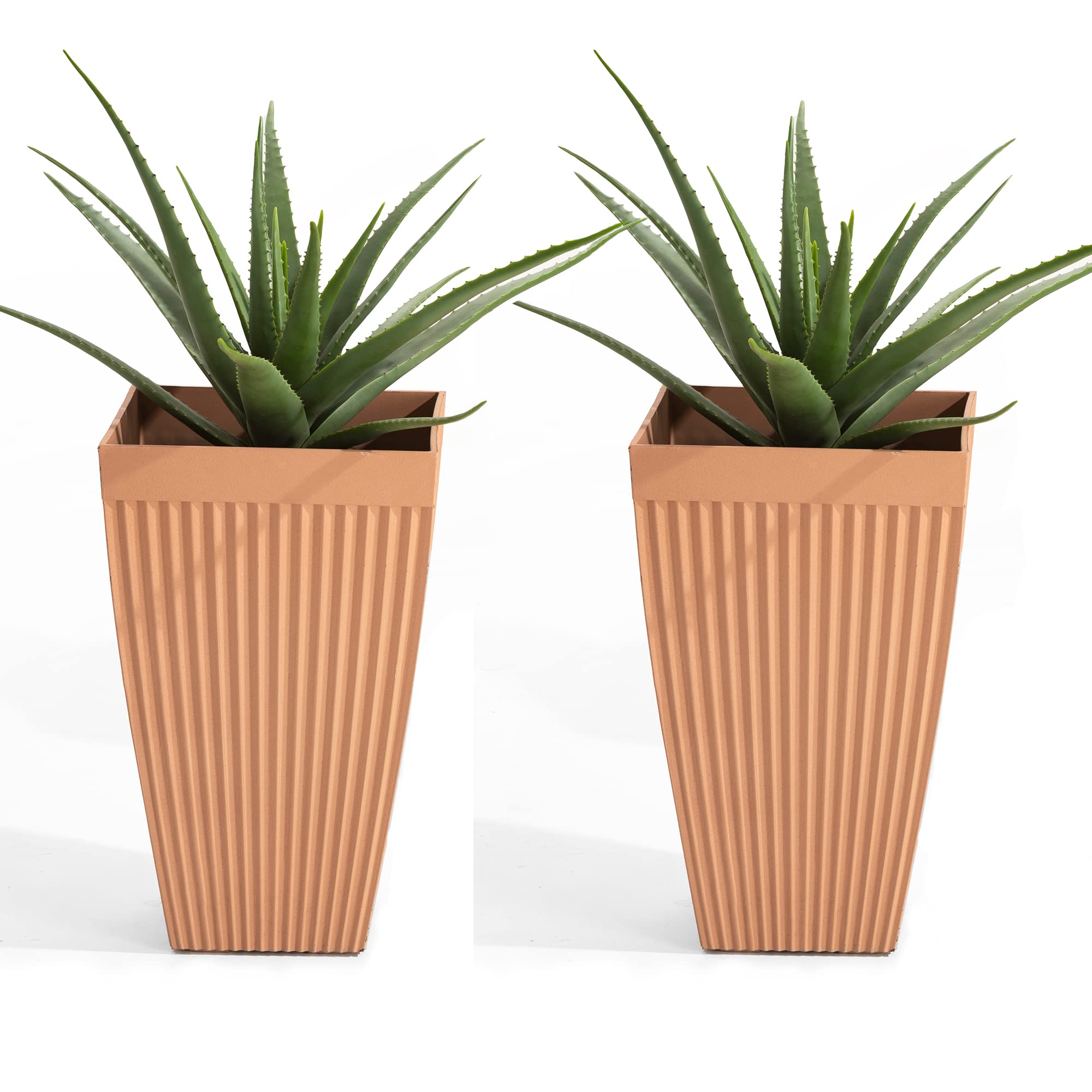 Glitzhome Set of 2 Large Eco-Friendly Plastic Planters with Drainage Holes - Classic Striped Tapered Outdoor Garden Pots for Flowers, Trees, Plants - Perfect for Front Door, Living Room, Deck, Patio (Orange)