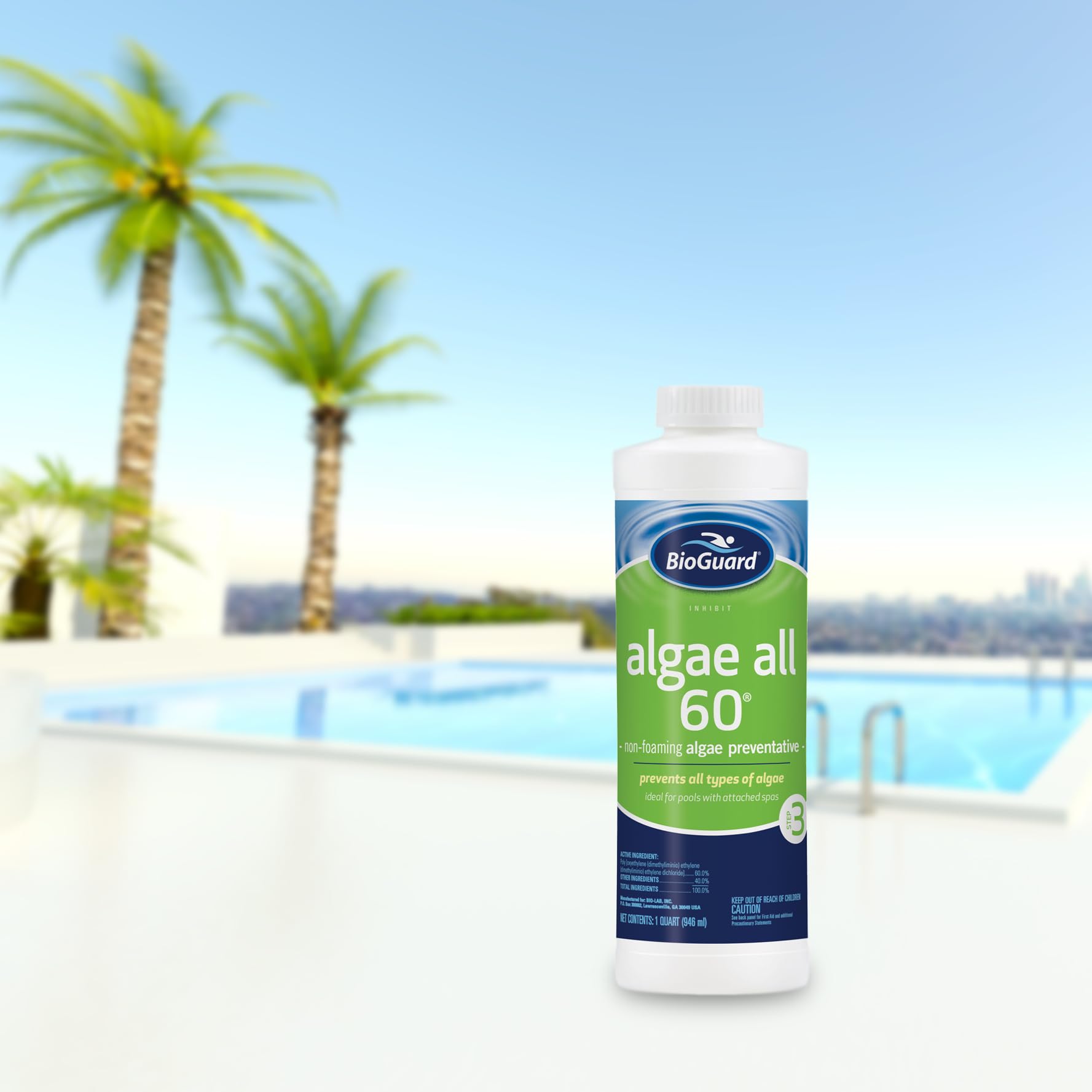 BioGuard® Algae All 60® Swimming Pool Algaecide - Non-Foaming Algae Preventative with LeisureQuip ScumBoat & Pool Care Log Book - for Inground & Above Ground Pools - Keep Your Pool Crystal Clear All Season