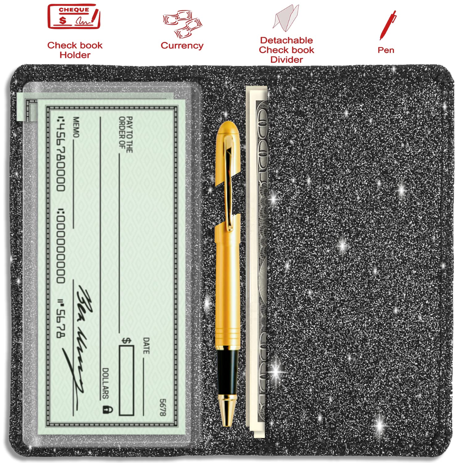 Sanlykate RFID Blocking PU Leather Glitter Checkbook Cover for Women & Girls - Standard Checkbook Case with Pen Holder & Free Divider, Black | Perfect for Everyday Banking, Bill Payments & Financial Organization