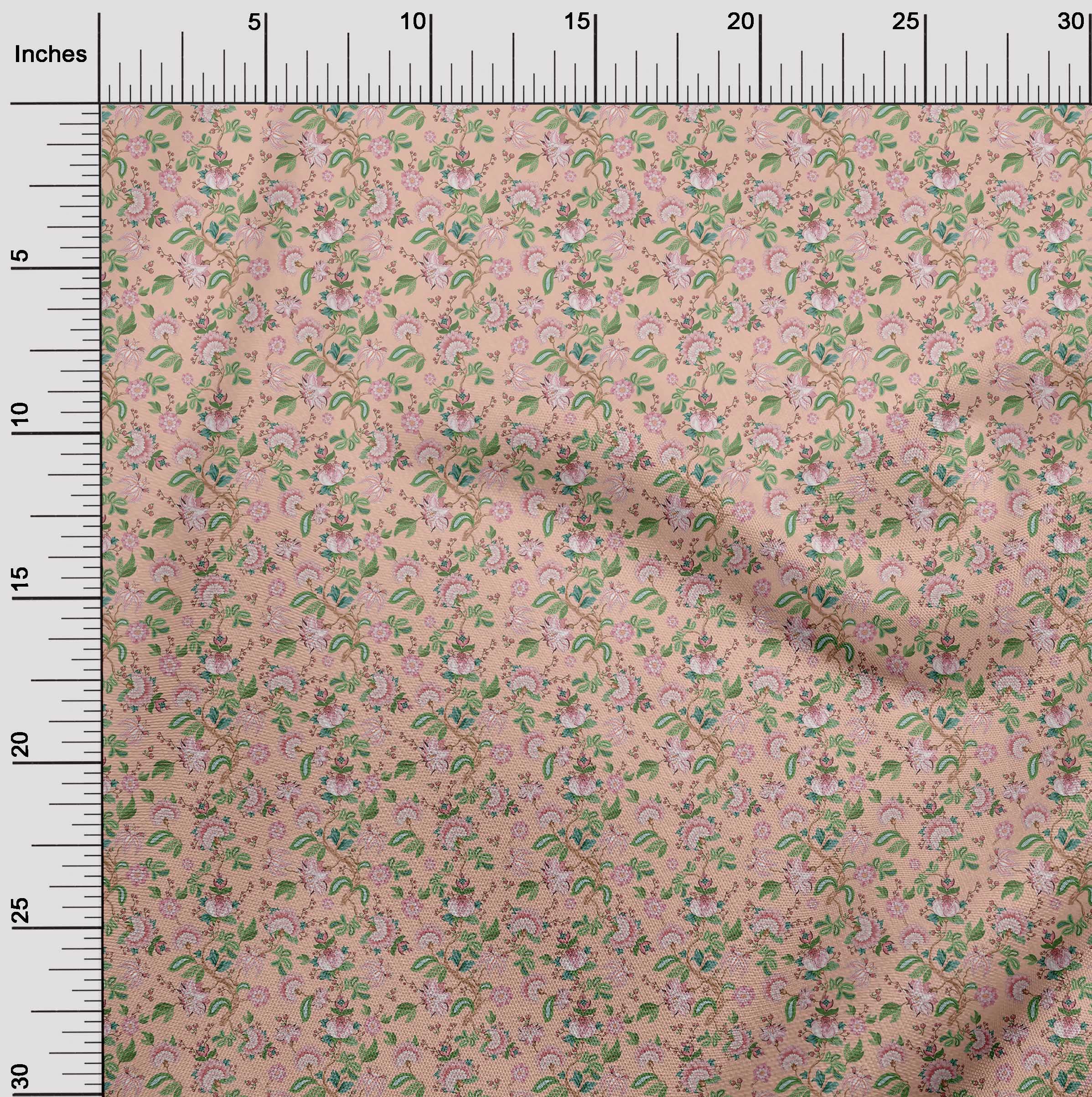 Premium 100% Cotton Poplin Fabric - Pink Salmon Jacobean Floral Print Dress Material (42