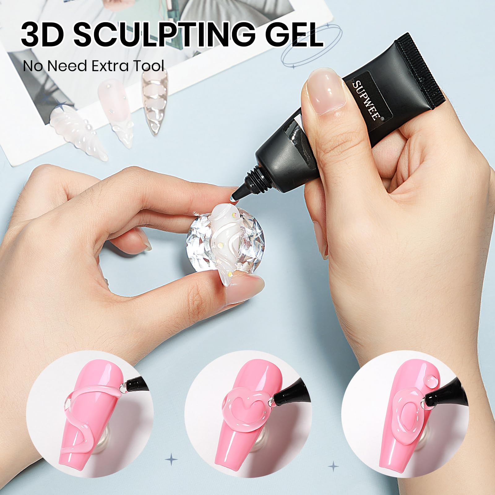 3D Nail Sculpture Builder Gel - Clear Hard Gel for Nail Art, Rhinestone Glue & Christmas Nail Charms | DIY Manicure Kit for Home & Salon Use | Perfect for Special Occasions & Holiday Nail Designs