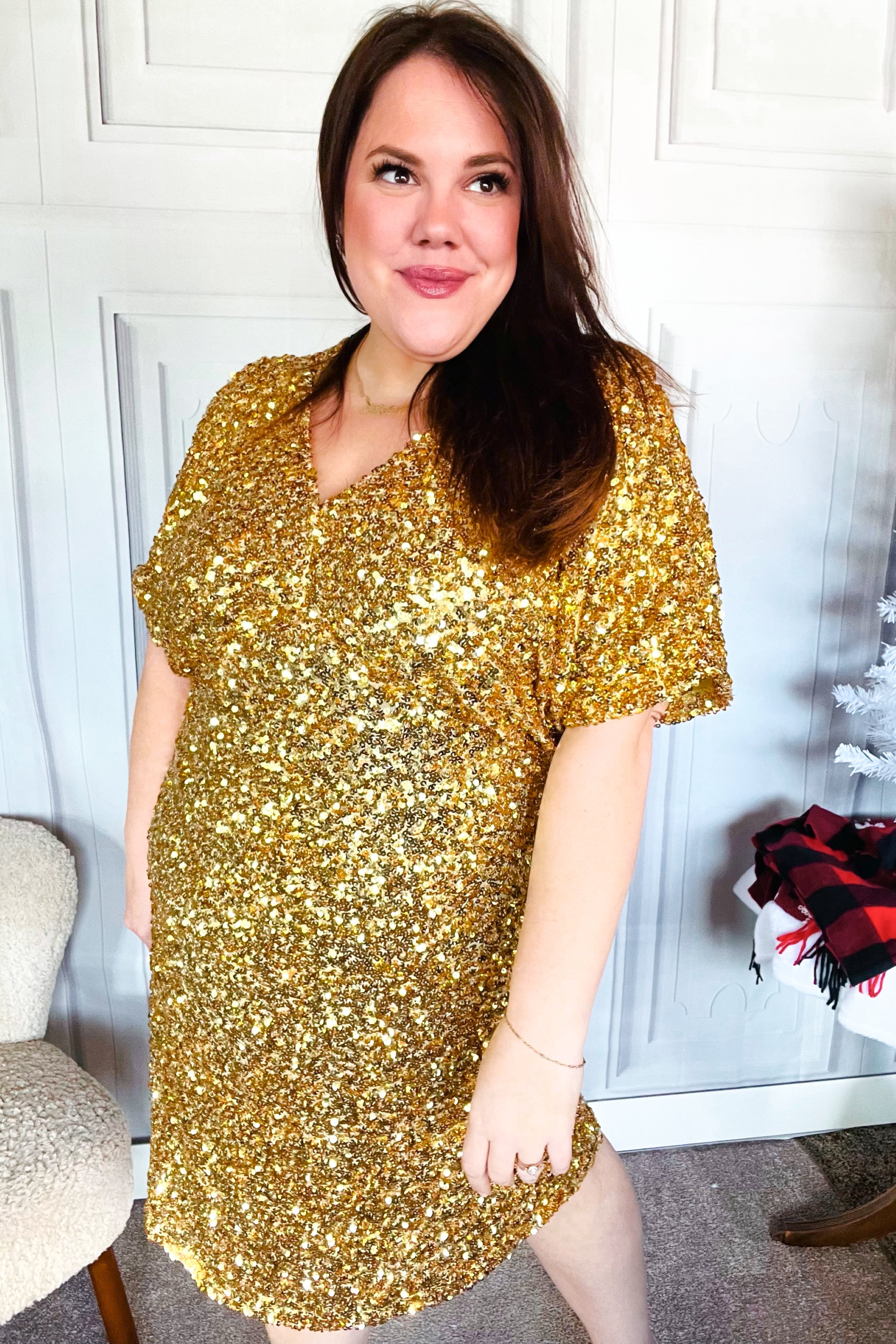New Year Diva Dolman Gold Sequined Lined Babydoll Dress - Elegant Party Wear for NYE, Cocktail Parties & Special Occasions