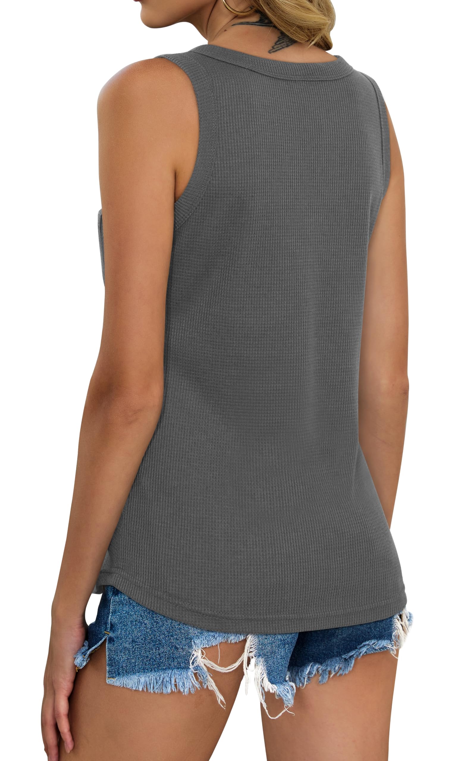 Women's V-Neck Tank Tops - Summer Casual Sleeveless Shirts with Pocket, Soft Waffle Knit Fabric for Workout, Beach & Everyday Wear