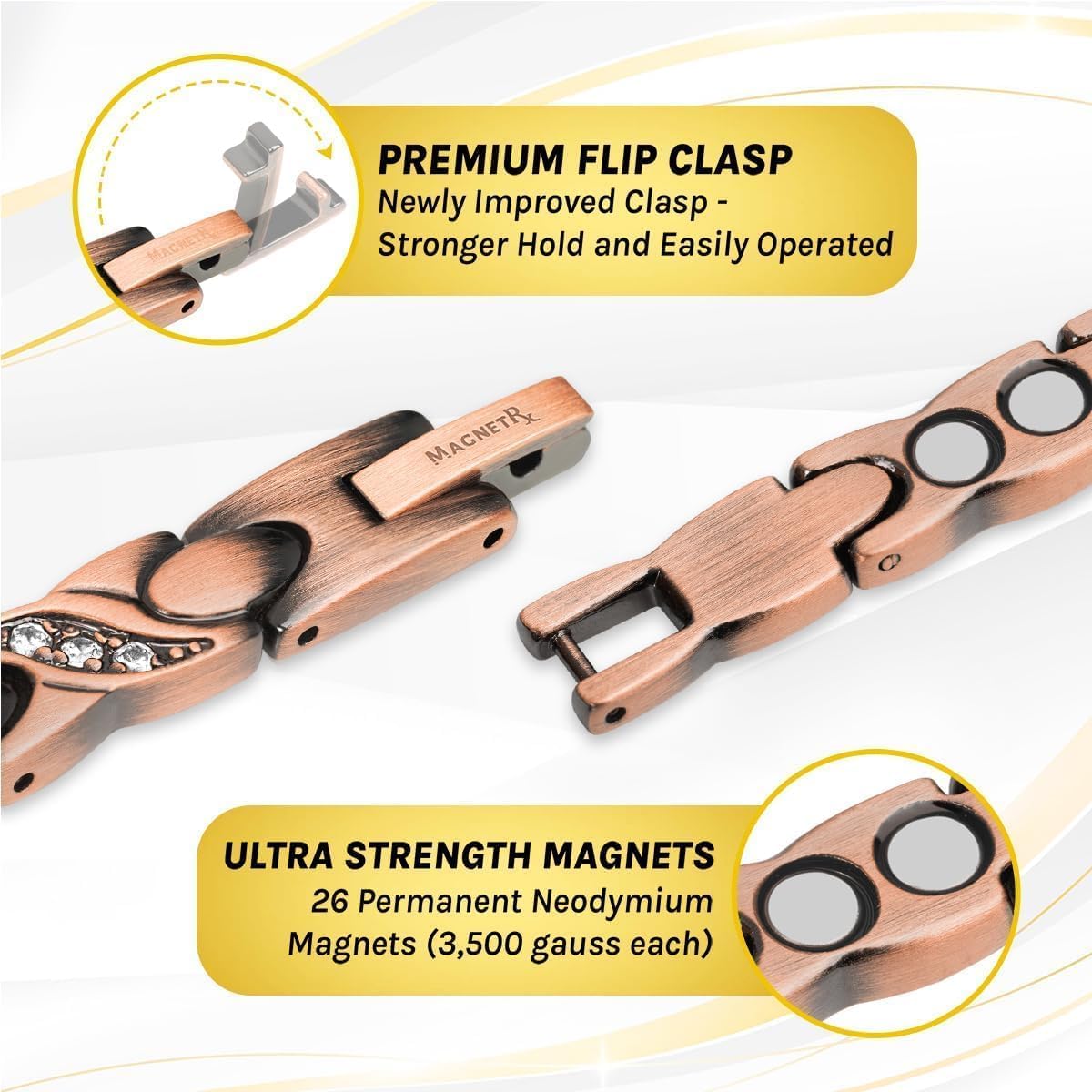 MagnetRX Copper Magnetic Bracelet for Women – Adjustable Ultra Strength Crystal Bracelet with Sizing Tool – Pain Relief & Arthritis Support – Perfect for Daily Wear & Wellness (Crystal XO Style)
