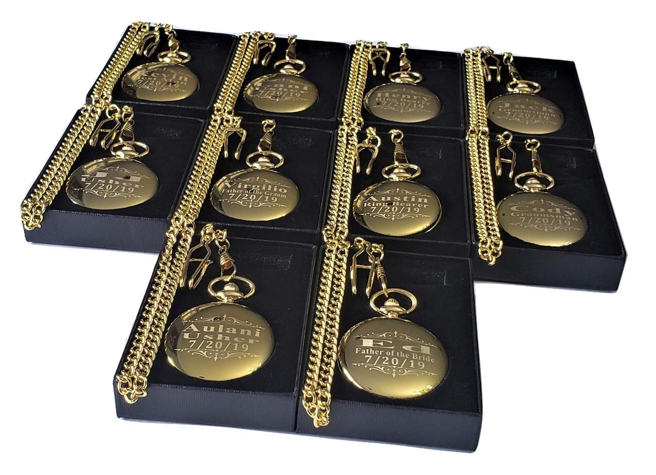8 Custom Engraved Pocket Watches for Groomsmen - Personalized Wedding Gift Set with Chain & Box - Free Engraving Included - Perfect for Weddings, Anniversaries & Special Occasions