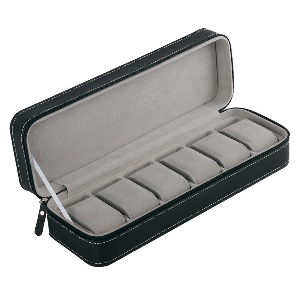 Premium PU Leather 6-Slot Zipper Jewelry Organizer Case - Black Stitched Box for Earrings, Rings & Necklaces (13x4.3x2.9 Inch) - Perfect for Travel, Gift Storage & Display Organization