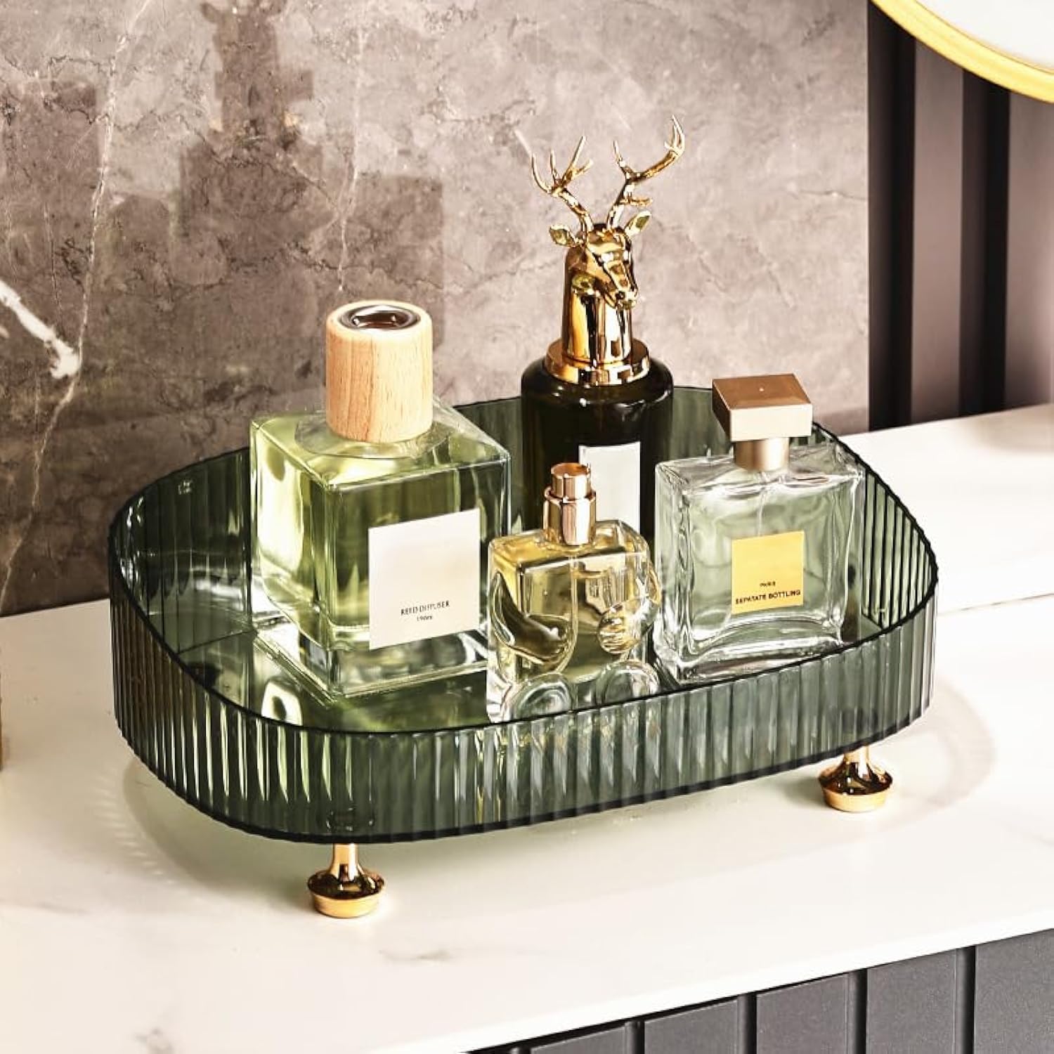 Makeup Perfume Organizer Vanity Tray - Cosmetic Skincare Countertop Storage Tray for Bathroom Vanity Dresser Table - Green Aesthetic Organizer for Makeup Brushes, Jewelry & Perfume Bottles - Perfect for Bedroom, Bathroom & Dressing Table Decor