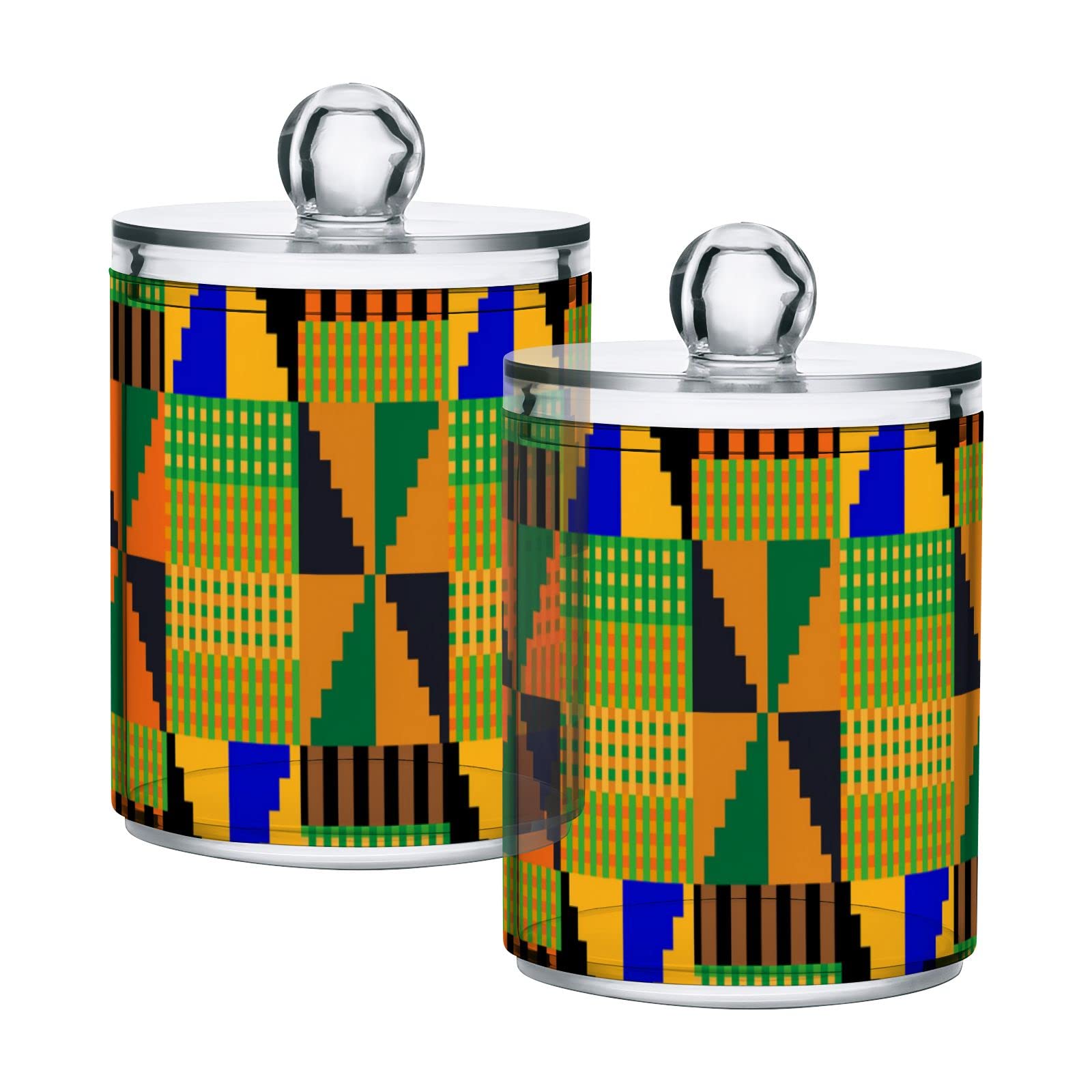 African Art Ethnic Textile Plastic Storage Jars with Lids - Set of 4 (10 oz) - Green, Brown, Blue, Yellow Translucent Food Containers for Tea, Cookies, Cotton Swabs | Perfect for Kitchen Organization, Pantry Storage & DIY Canning Projects