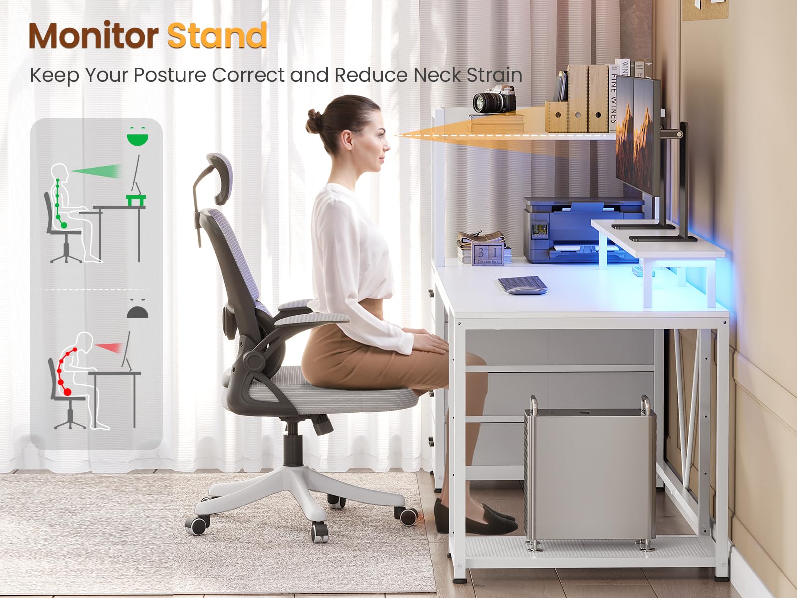 SEDETA 59 Inch LED Gaming Desk with 4 Drawers & Shelves, Home Office Computer Desk with Power Outlets & Large Storage Space, White - Perfect for Work from Home, Online Gaming & Study Setup