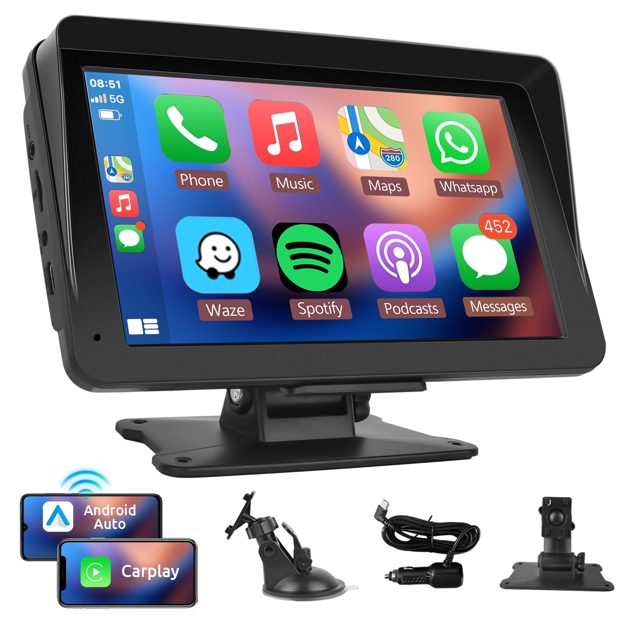 Rimoody 7 Inch Portable Car Stereo with Wireless Apple CarPlay & Android Auto - Touchscreen Bluetooth FM Transmitter, Mirror Link, Dash Mount | Perfect for Road Trips, Commuting & Hands-Free Driving