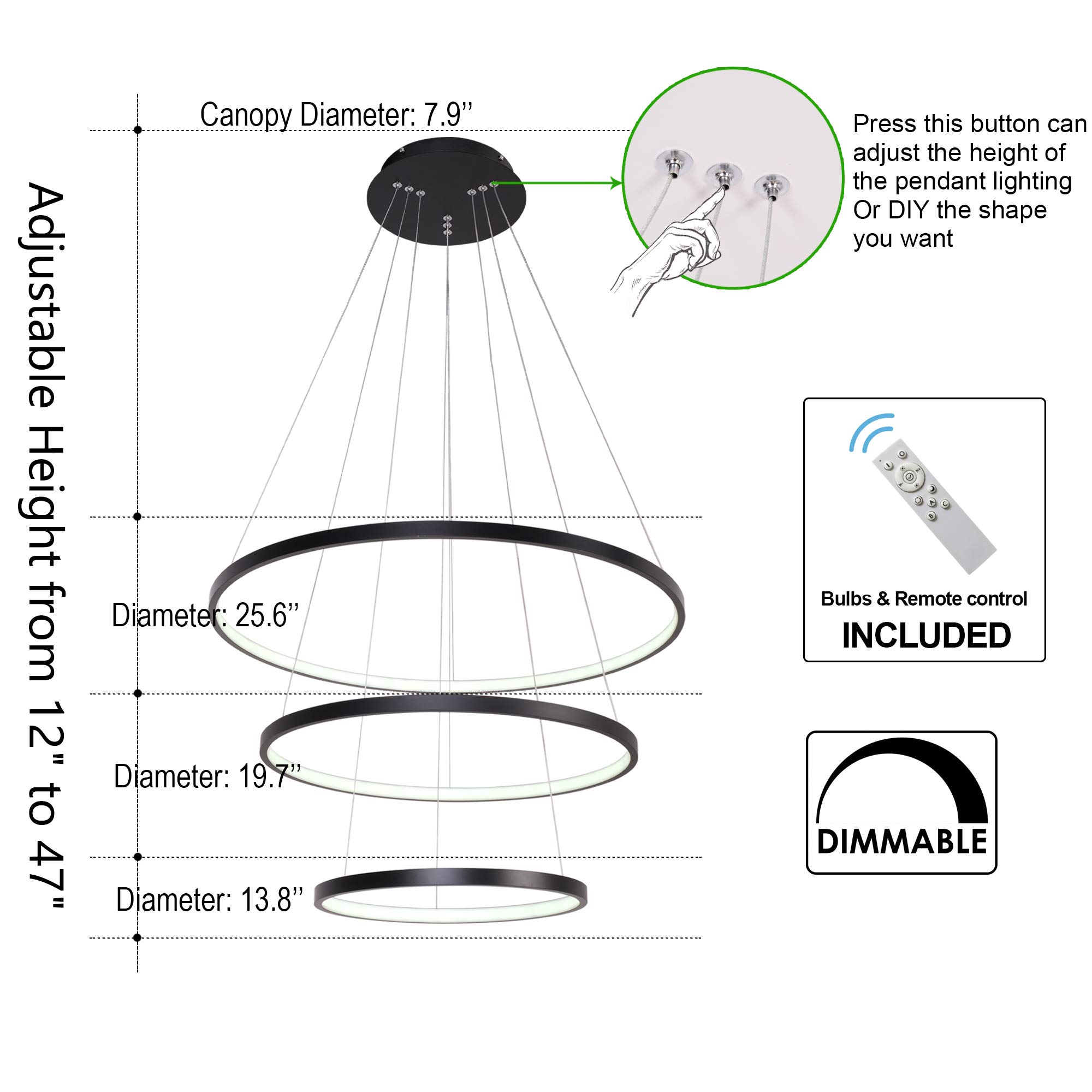 Modern LED Chandelier - Dimmable 3-Ring Ceiling Light Fixture for Dining Room, Living Room, Bedroom & Foyer | Contemporary Black & Cool White Hanging Pendant Lighting | Perfect for Home Decor, Wedding Venues & Restaurant Ambiance