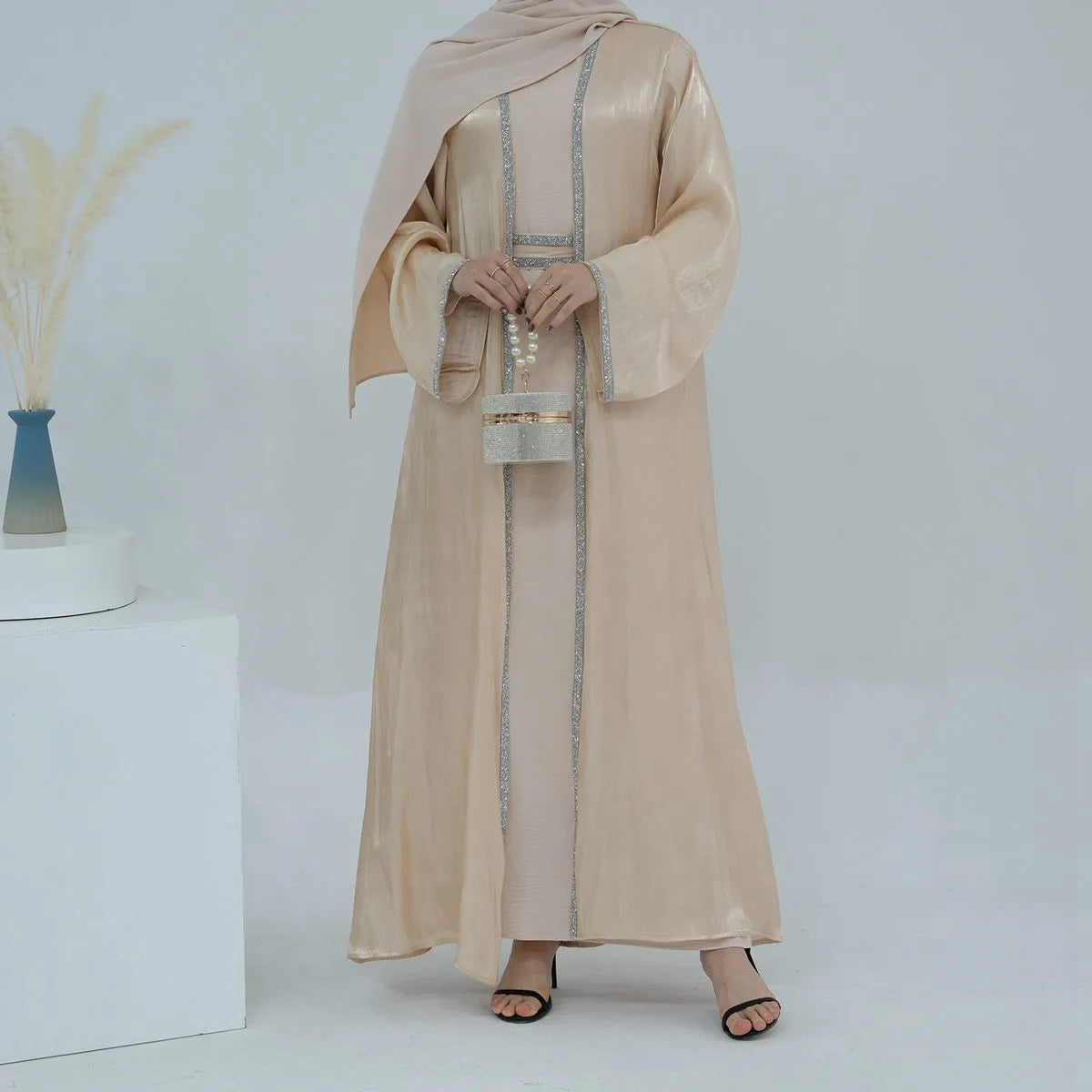 2-Piece Hotfix Rhinestone Sparkling Open Abaya Dress Set with Inner Dress - Perfect for Weddings, Parties & Special Occasions