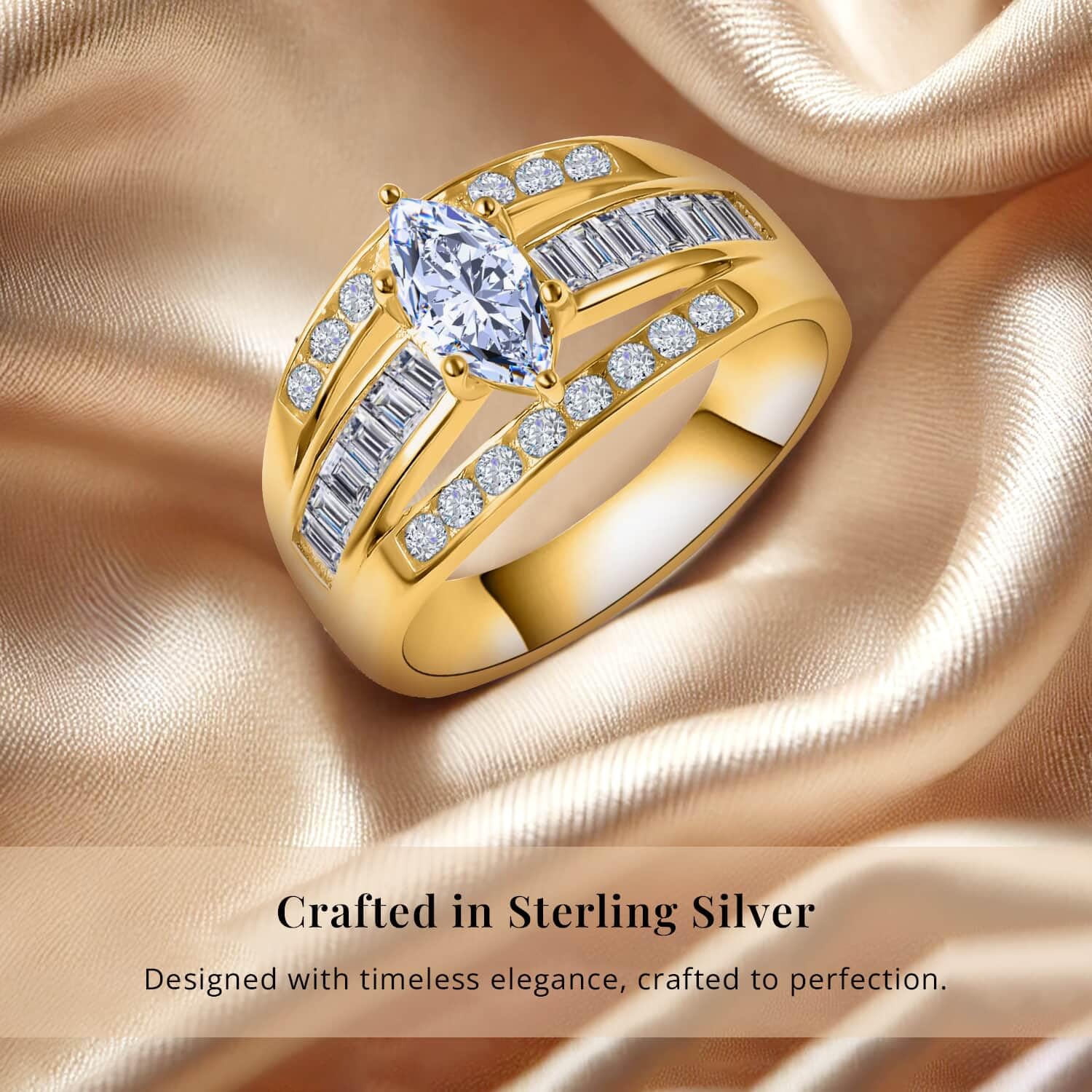 925 Sterling Silver Cubic Zirconia 3-Row Promise Ring for Women - 14K Yellow Gold Plated, Elegant Band Jewelry | Perfect Birthday Gift, Anniversary Present & Romantic Keepsake | Ideal for Weddings, Engagements & Special Occasions