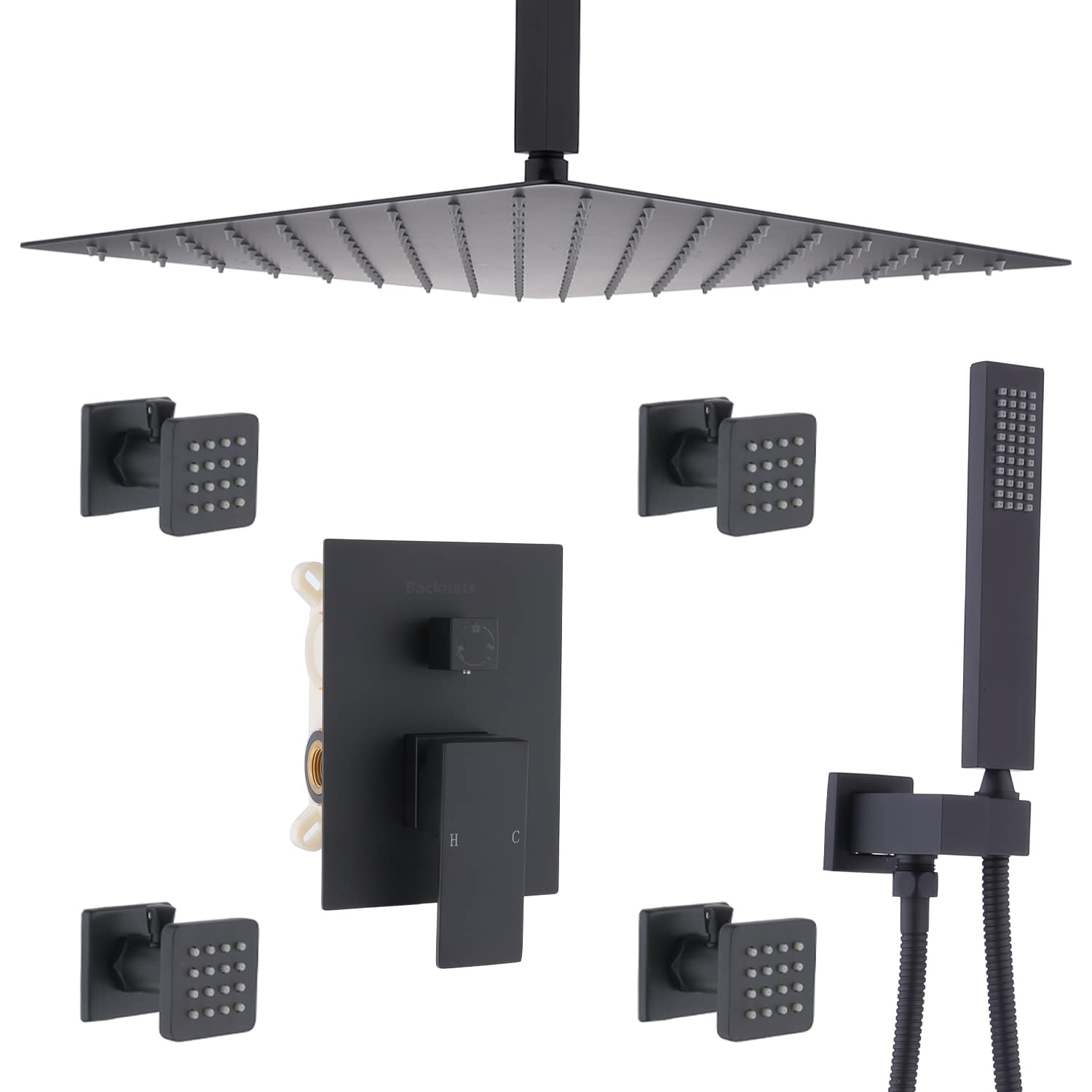 16 Inch Matte Black Ceiling Mount Shower System with On/Off Body Sprays - High Pressure Rain Shower Head & Full Body Faucet Set for Modern Bathroom | Perfect for Spa-Like Experience & Luxury Bathroom Upgrade