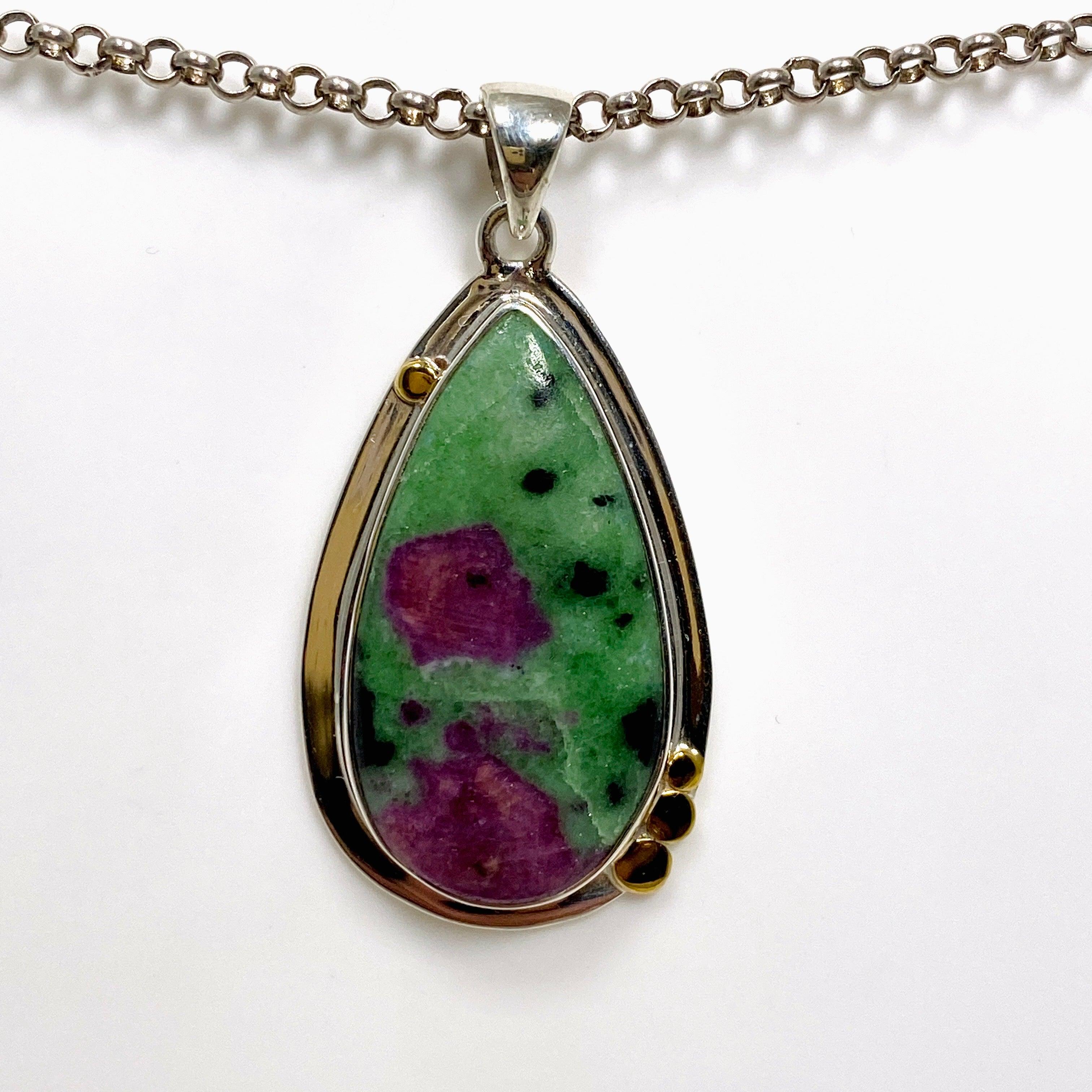Natural Ruby in Zoisite Teardrop Pendant Necklace - Handcrafted Sterling Silver Jewelry KPGJ4494 | Perfect for Spiritual Healing, Meditation & Elegant Occasions