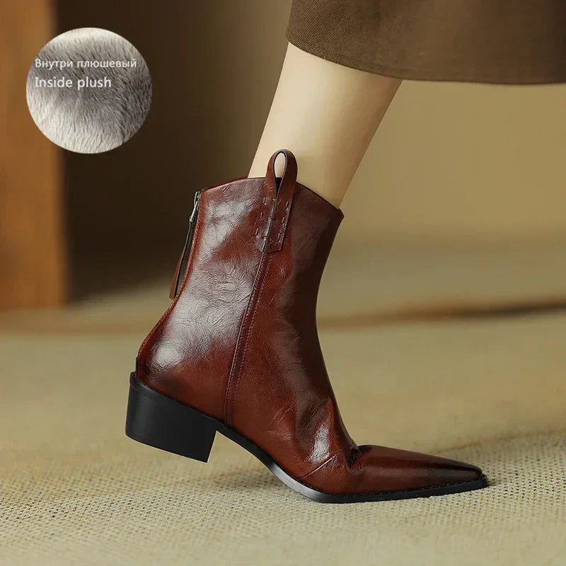 **Genuine Leather Western Boots for Women - Pointed Toe Chunky Heel Chelsea Ankle Boots, Retro Style for Autumn & Winter | Perfect for Cowgirl Fashion, Country Rides & Casual Outfits**