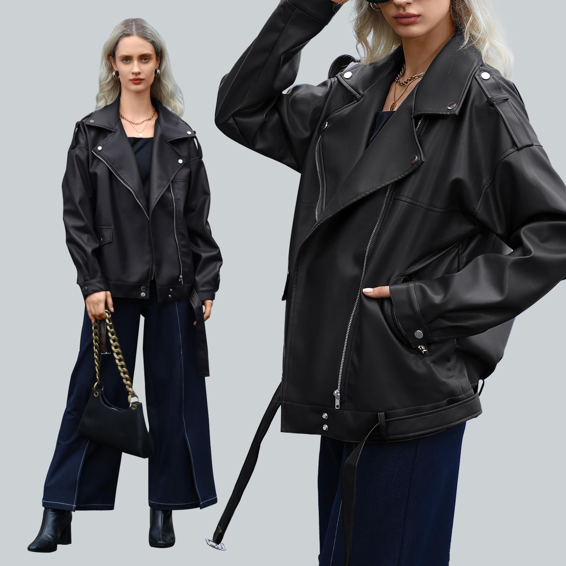 Zando Women's Oversized Faux Leather Motorcycle Jacket - Stylish Biker Bomber Jacket for Fall Fashion - Perfect for Casual Outfits, Riding & Night Out