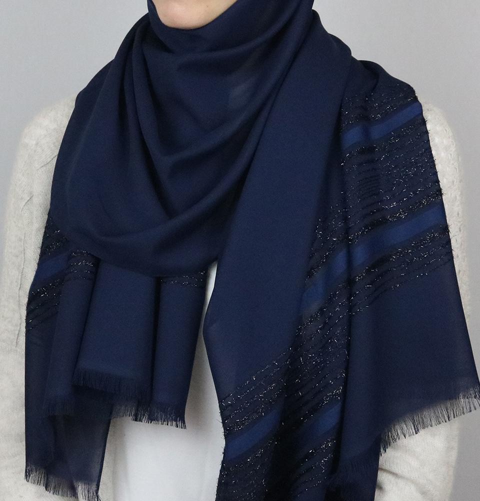 Aker Shimmer Chiffon Hijab Shawl - Navy Blue Muslim Headscarf for Women, Lightweight & Breathable - Perfect for Daily Wear, Prayer, and Special Occasions