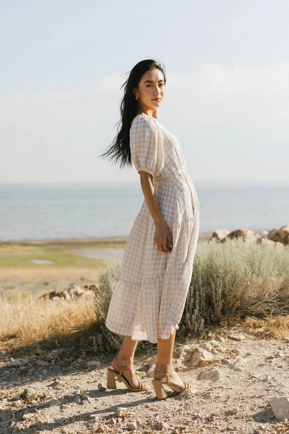 Melina Plaid Midi Dress in Taupe | Women's Fashion | Perfect for Office, Date Night & Fall Outfits | FINAL SALE