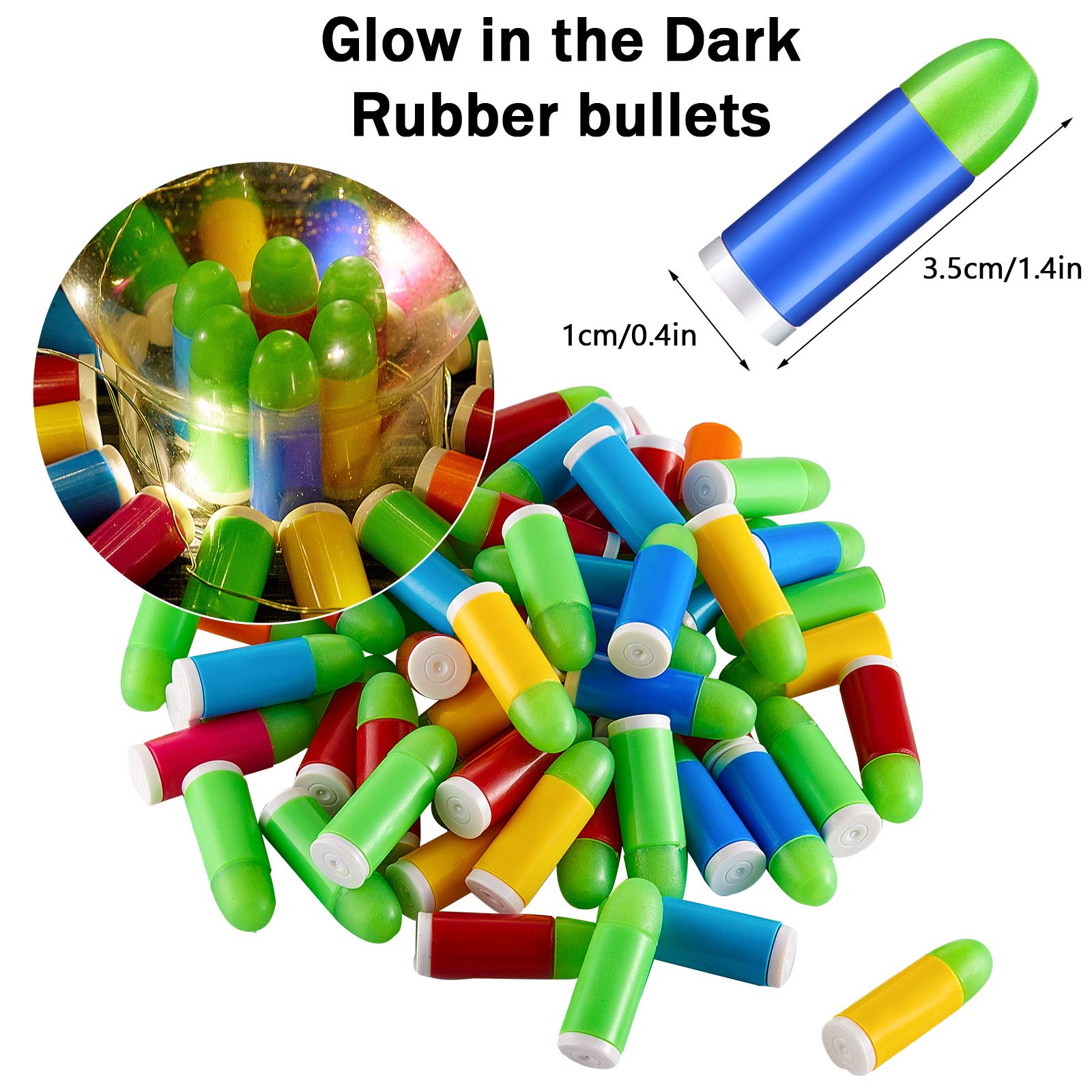 80-Piece Mixed Color Glow in The Dark Rubber Toy Gun Bullets - Compatible with M1911, C96 & 45 ACP Toy Guns - Perfect for Nerf Battles, Target Practice & Nighttime Play