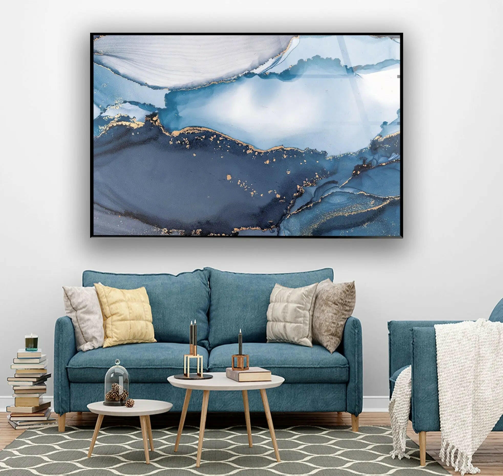 Blue Marble Ink Abstract Glass Wall Art - Modern Home Decor for Living Room, Bedroom & Office - Unique Handmade Glass Painting for Interior Design