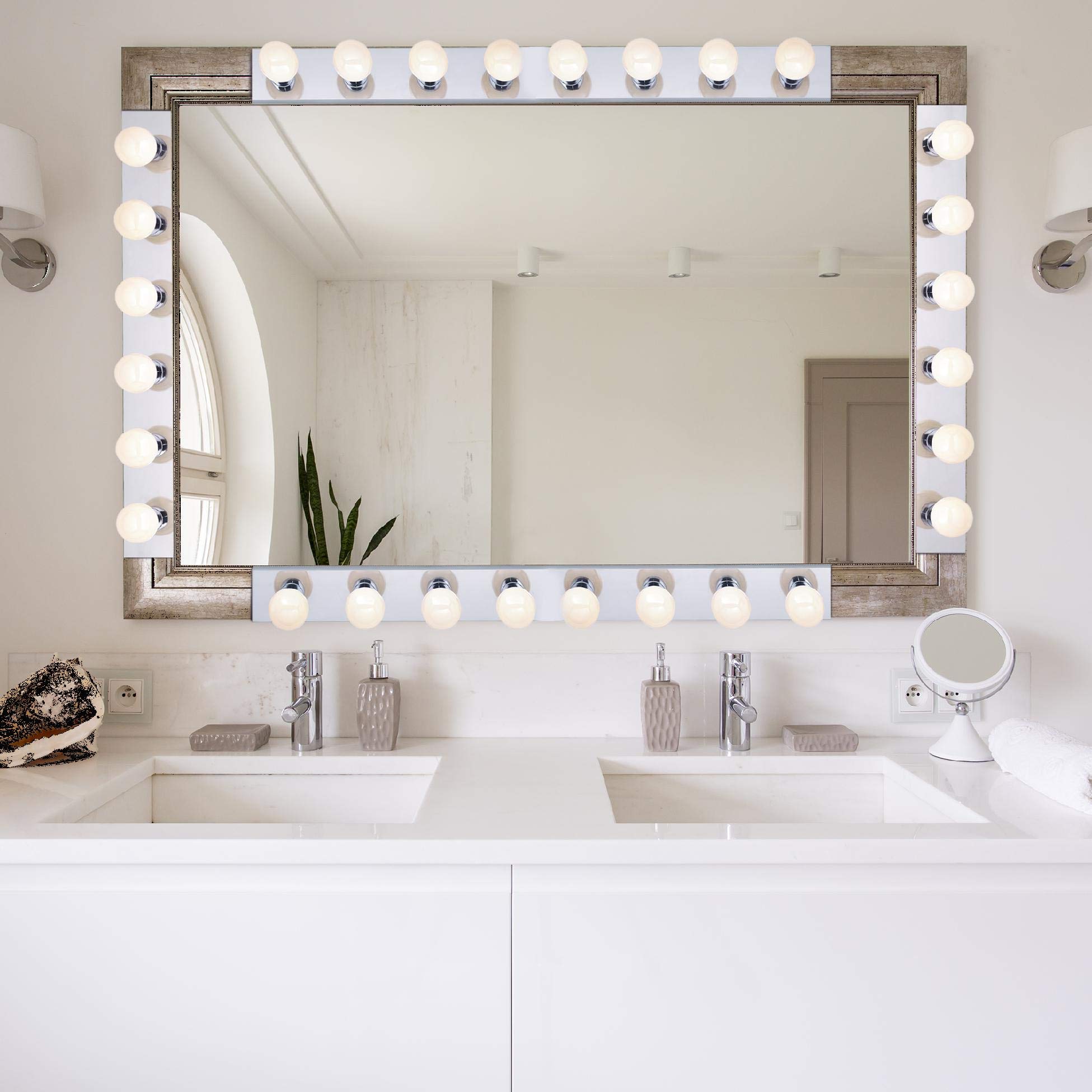 Dysmio Hollywood Style 3-Light Vanity Mirror Strip with Chrome Plates - 18 x 4.25 Inches Salon Lighting for Bedroom, Bathroom, Dressing Room & Makeup Studio - Perfect for Professional Makeup Application, Home Decor & Beauty Salon Lighting (Set of 2)