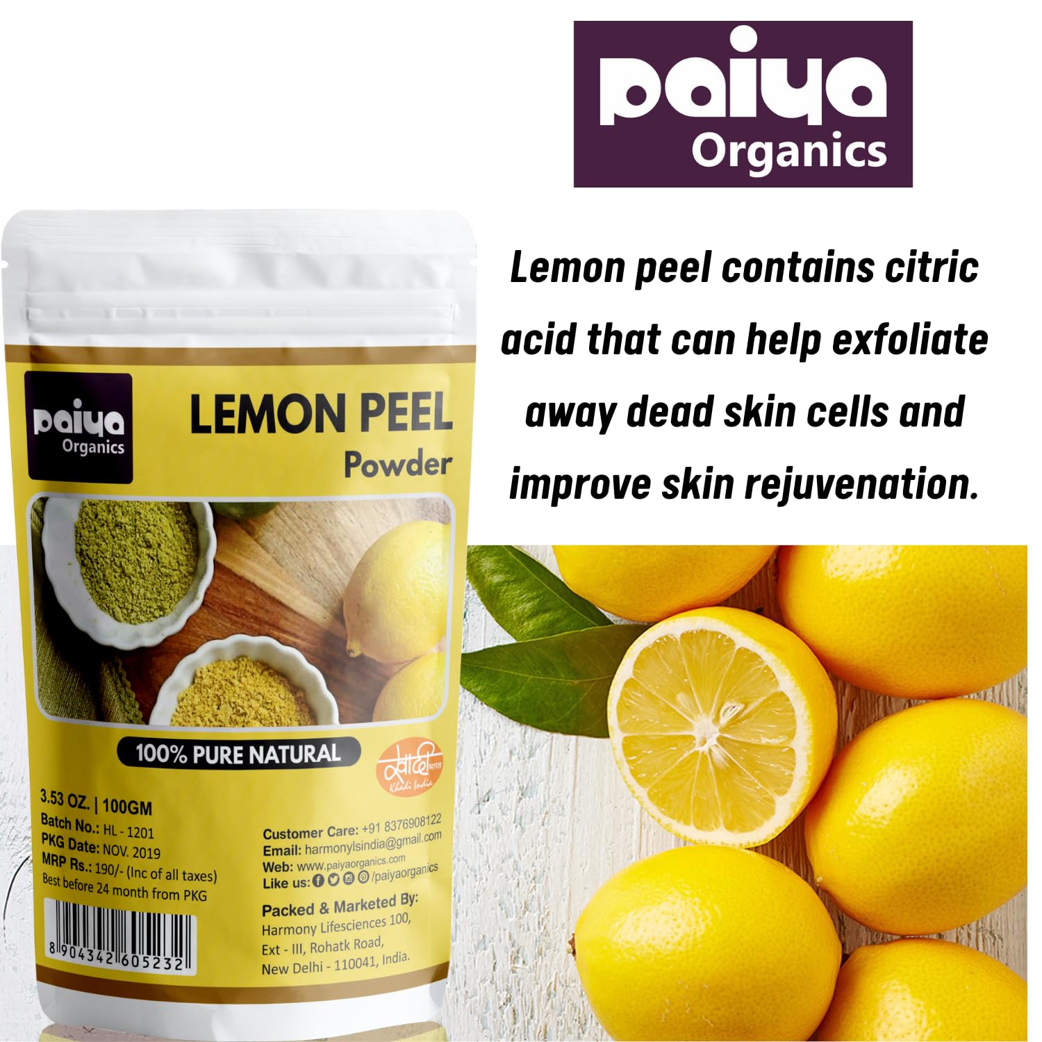 Organic Lemon Peel Powder for Face & Acne - 100g | Natural Skin Brightening & Exfoliating | DIY Face Masks & Skincare Treatments