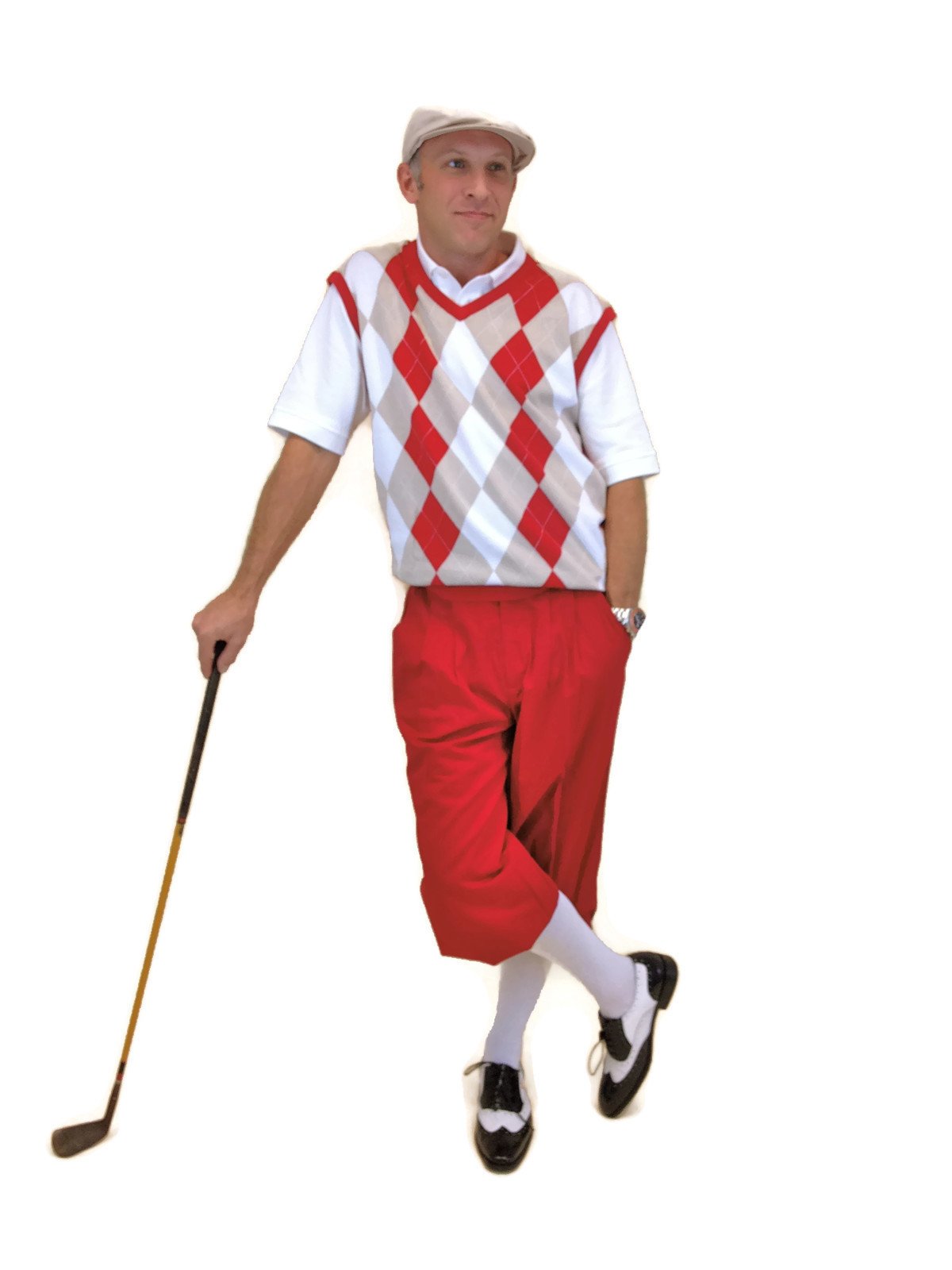 Men's Golf Outfit Set - Red Knickers, Red/Khaki/White Sweater, Socks & Cap | Stylish & Comfortable Golf Attire for Men | Perfect for Golf Tournaments, Country Club Events & Casual Play