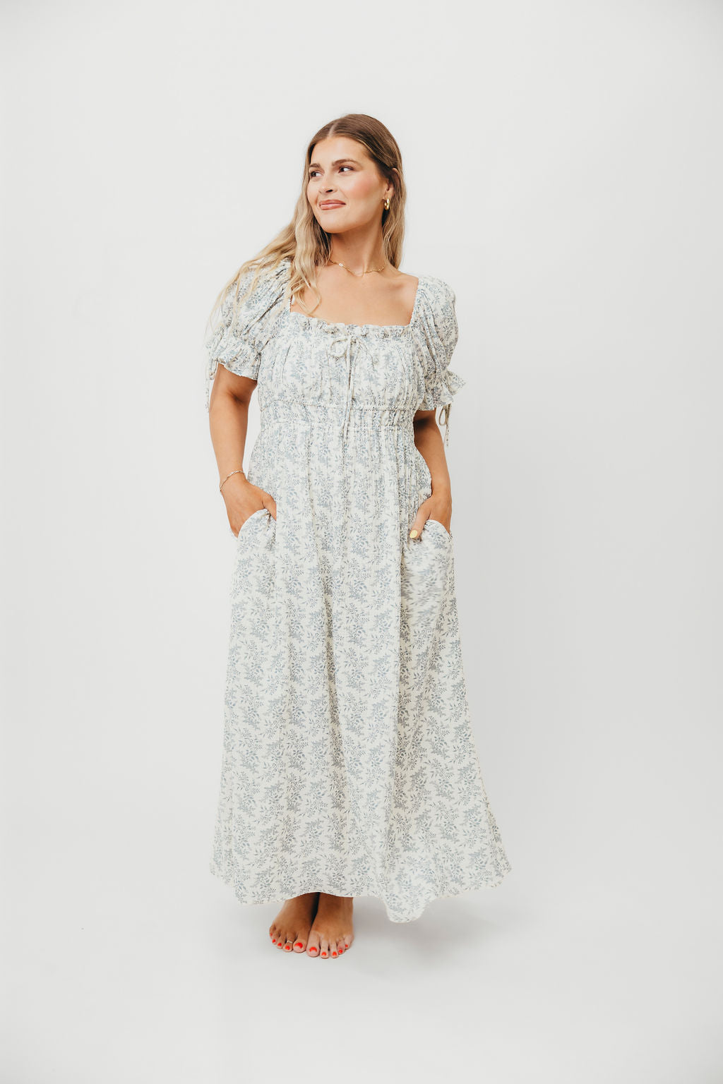100% Cotton Savanna Steppe Midi Dress - Bump Friendly Maternity & Plus Size Blue Floral Dress for Women | Perfect for Summer Vacations, Beach Outings and Casual Wear