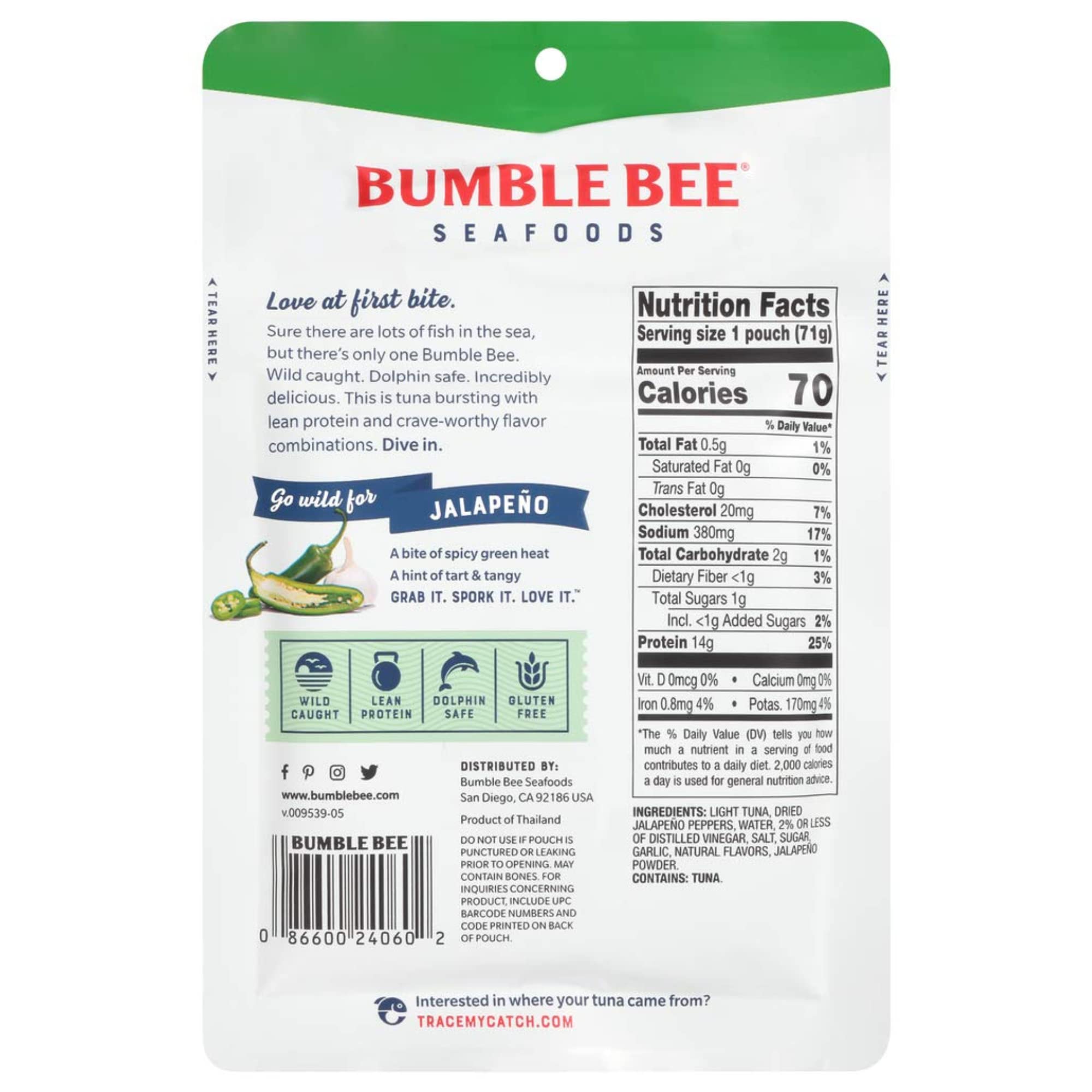 Bumble Bee Jalapeño Seasoned Tuna, 2.5 Oz Pouches (Pack of 12) - Wild Caught, Ready to Eat Tuna with Spork - High Protein (14g per Serving), Gluten Free - Perfect for Camping, Hiking & On-the-Go Meals