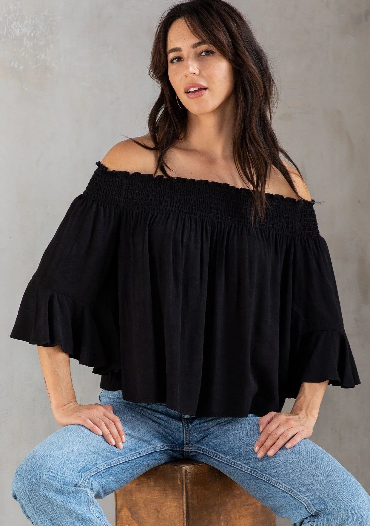 Elegant Black Jacquard Flutter Off-Shoulder Smocked Blouse for Women | Summer Boho Chic Tops | Perfect for Beach Vacations, Date Nights & Outdoor Parties