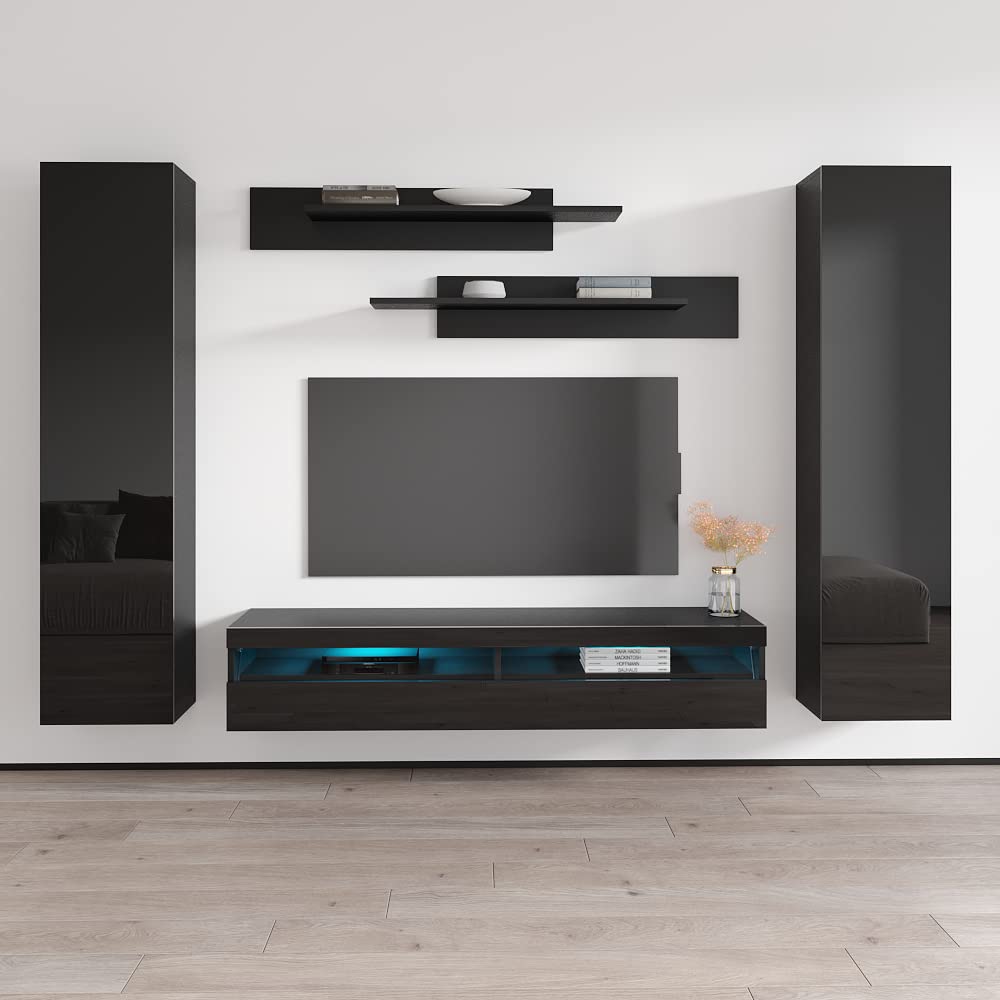Modern Floating TV Stand with Storage & LED Lights - Wall-Mounted Entertainment Center for Living Room & Bedroom - 35 Inch TV Console with Shelves - Black - Perfect for Small Spaces & Home Theater Setup