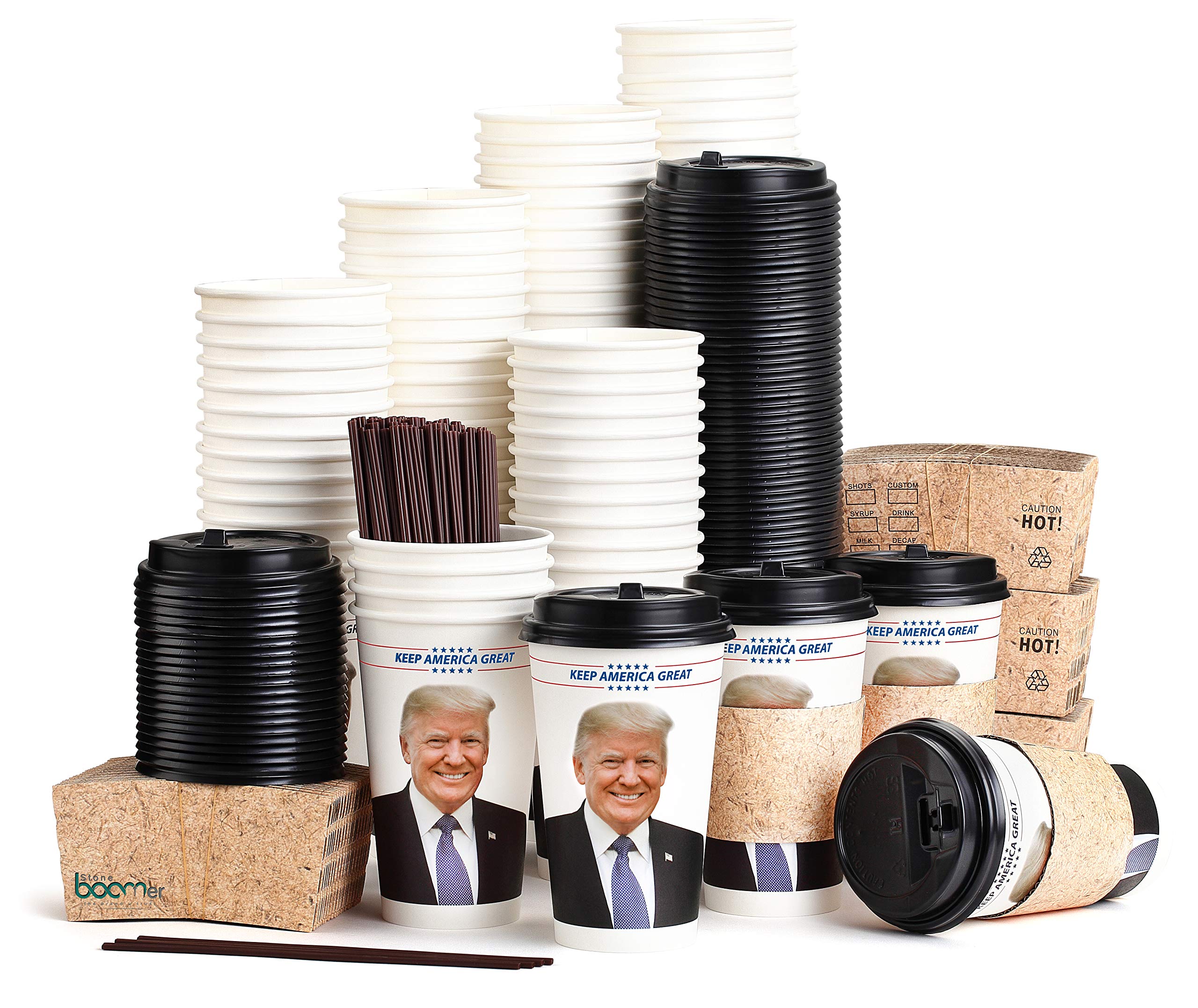 Trump Coffee Cups - 16oz Disposable Paper Travel Mugs (100-Pack) with Black Lids, Sleeves & Stirrer Straws - Perfect for Office, Cafes, Parties & On-the-Go Coffee Lovers