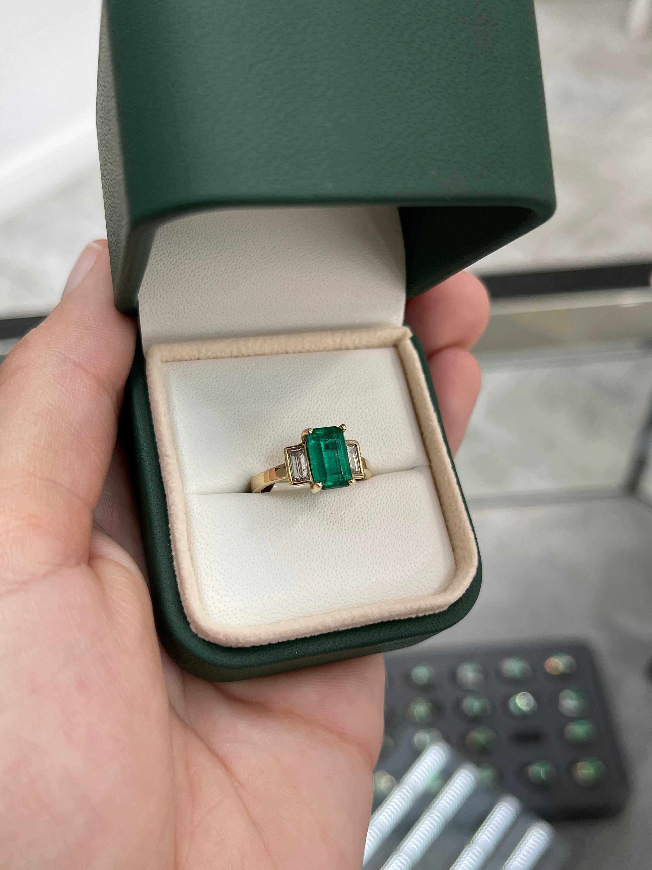 2.15tcw 18K Gold Three Stone Emerald Cut Emerald & Diamond Ring for Engagement, Wedding, Anniversary - Elegant Jewelry Gift for Women