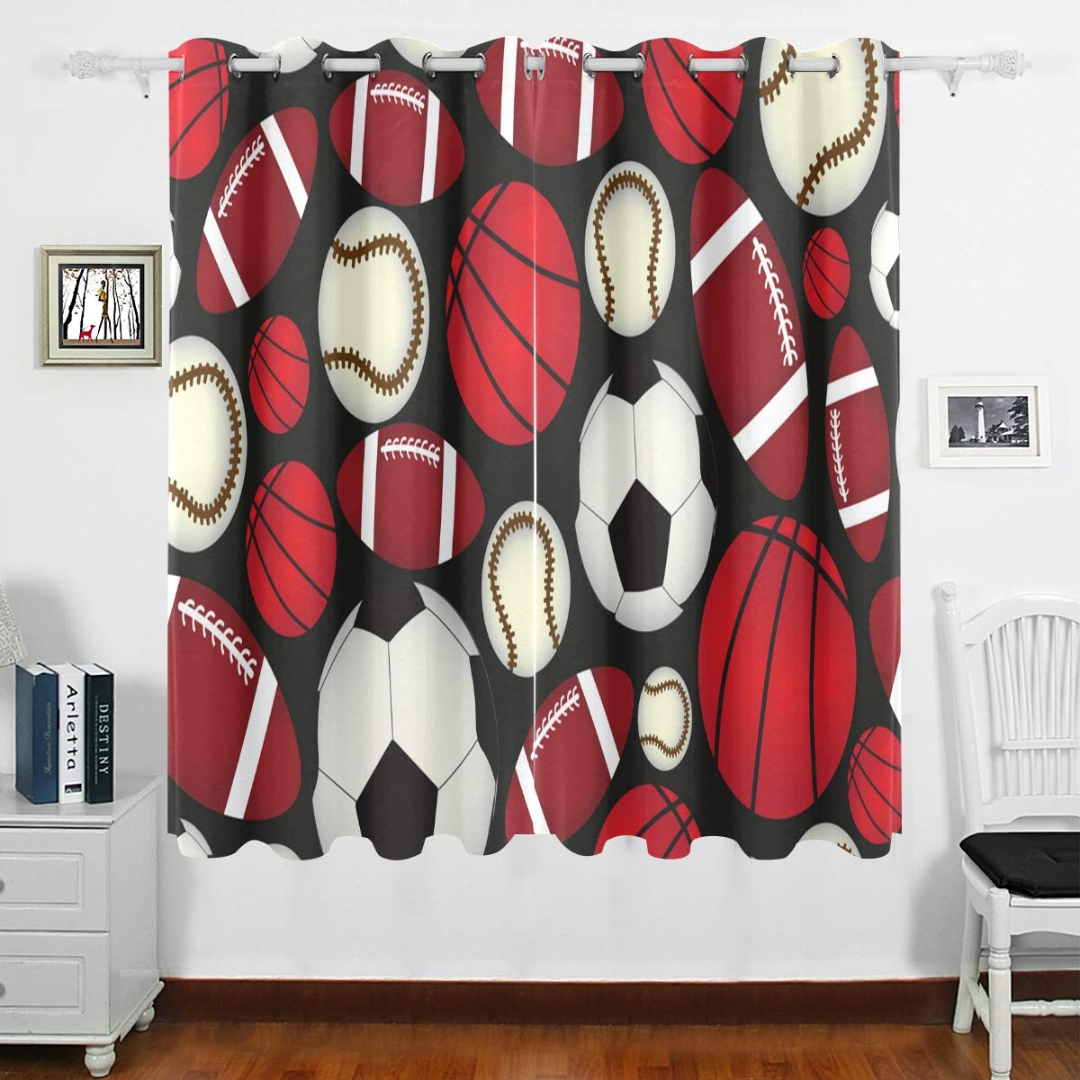 DOMIKING Blackout Curtains for Bedroom - Thermal Insulated Football Soccer Baseball Sports Design Grommet Window Drapes (63x55 Inches) - Perfect for Living Room, Bedroom & Kitchen - Blocks Light & Noise for Better Sleep & Privacy