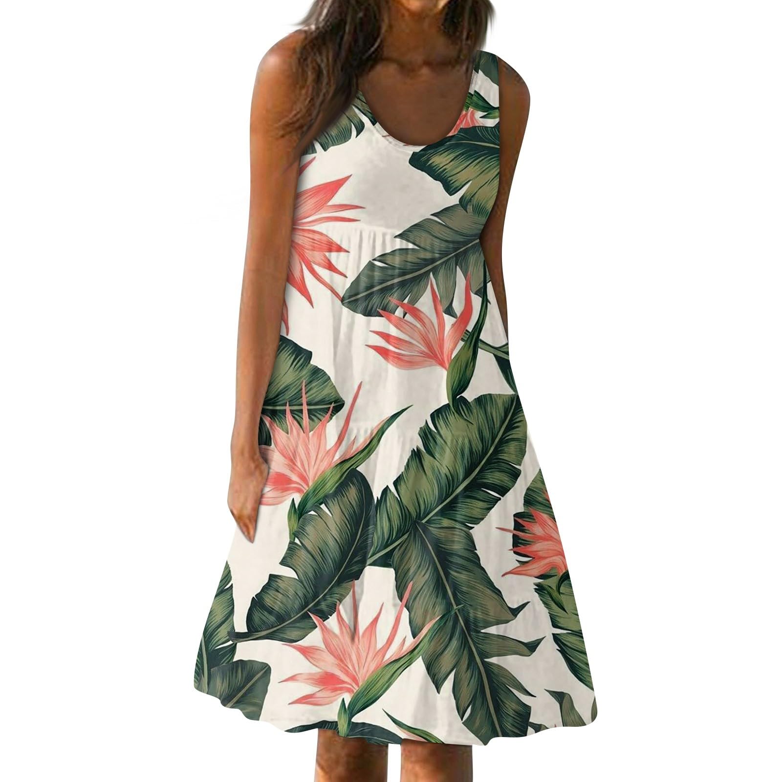 Women's Flowy Hawaiian Print Sleeveless Summer Dresses - Casual Crewneck Tank Dress with Pockets for Beach Vacation, Luau Party & Outdoor Activities