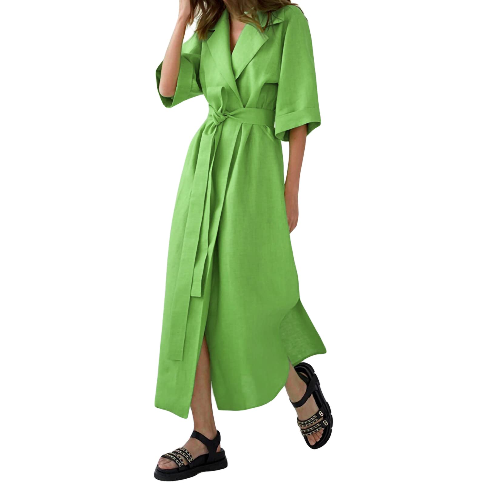 YYDSTYLE Women's Summer Office Shirt Dress - Solid Green Half Sleeve Belted Jumpsuit for Work & Casual Wear | Professional Business Attire & Weekend Outfits (Medium)