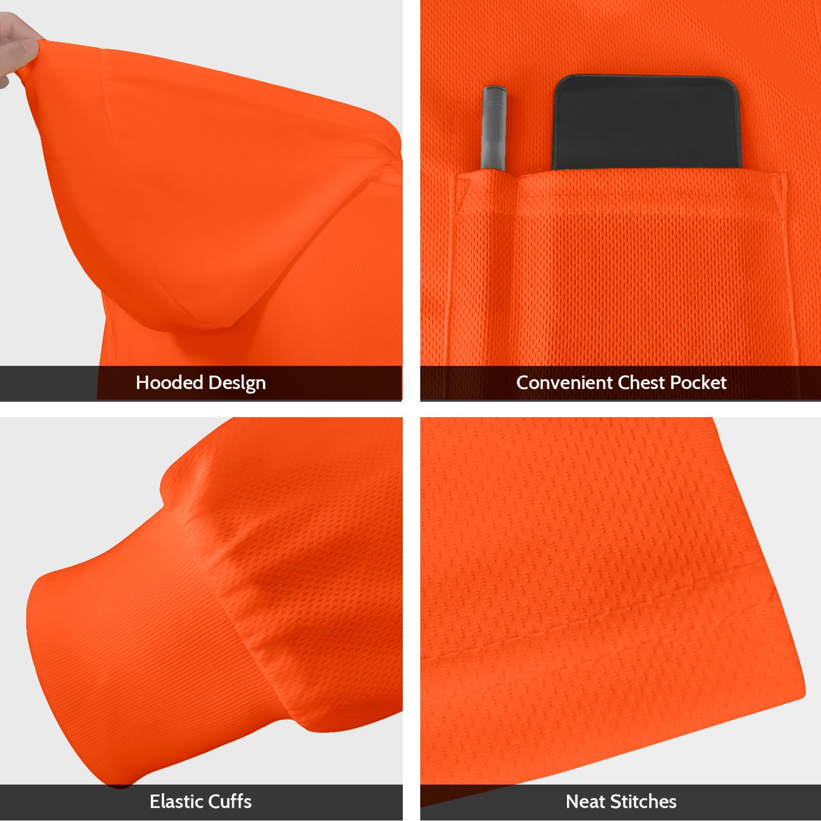 High Visibility Safety Shirts for Men & Women - 3 Pack Breathable Hi-Vis Hooded Shirts with Long Sleeves, UCH-Orange L | Construction Work, Roadside Safety, Nighttime Outdoor Activities