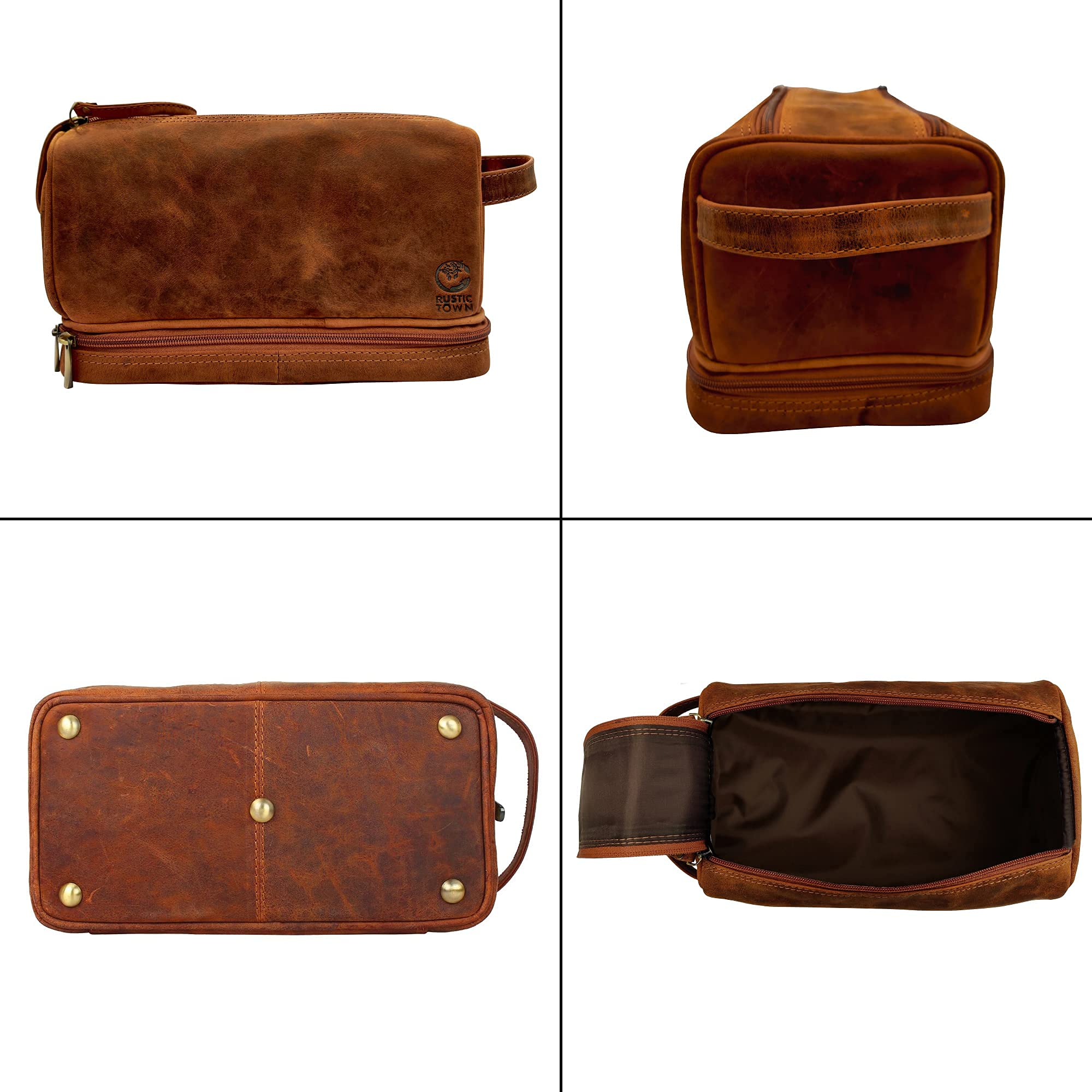 RUSTIC TOWN Genuine Leather Toiletry Bag with Zip Closure - Premium Travel Cosmetic Case for Men & Women | Perfect for Weekend Getaways, Business Trips & Grooming Essentials Organization