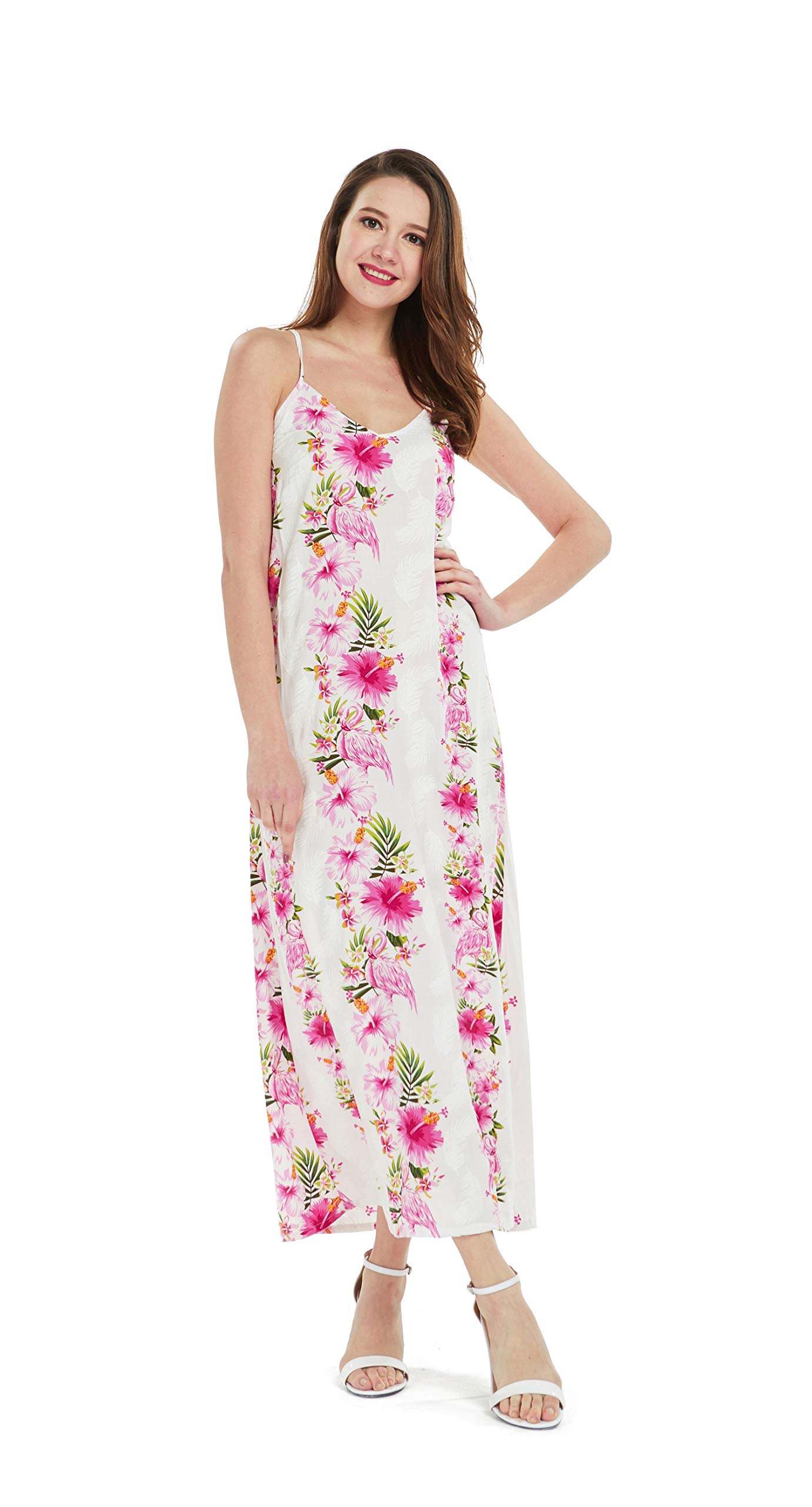 Women's Pink Hibiscus Hawaiian Luau Maxi Dress - Floral Sweetheart Neckline for Beach Parties, Vacations & Summer Weddings