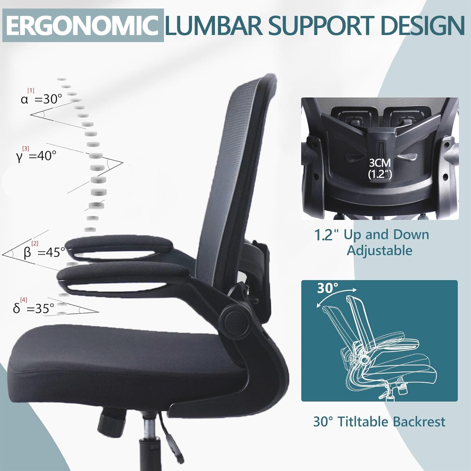 Ergonomic Mesh Office Chair with Wheels - Adjustable Height, Swivel & Lumbar Support - Flip-Up Armrests - Set of 4 - Perfect for Home Office, Gaming & Workspace Comfort