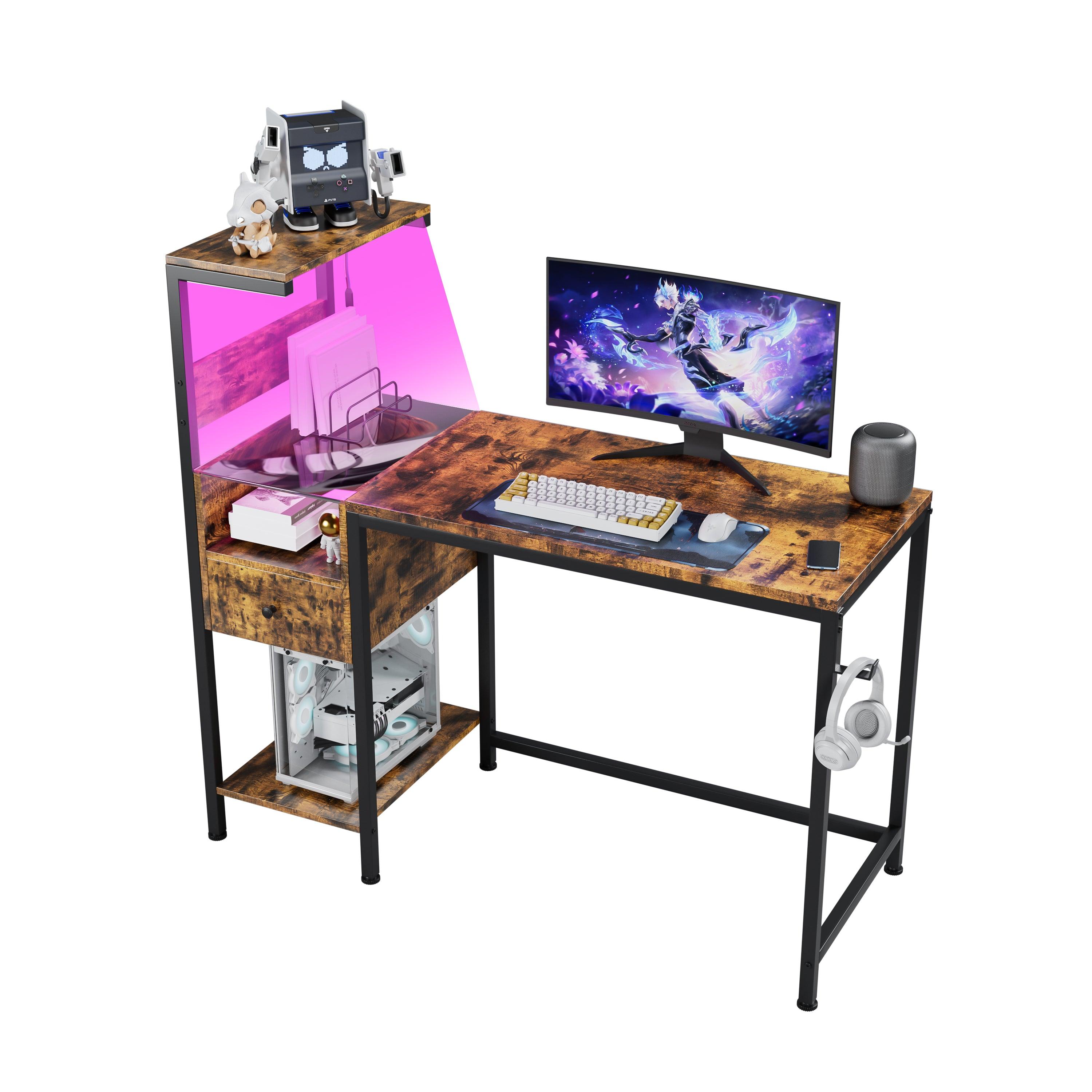 Ergonomic Computer Desk with Built-in Power Outlet & USB Charging Station | Home Office Desk with Storage Shelves | Study Writing Workstation for Small Spaces (Brown) - Perfect for Remote Work, Gaming Setup & Online Learning