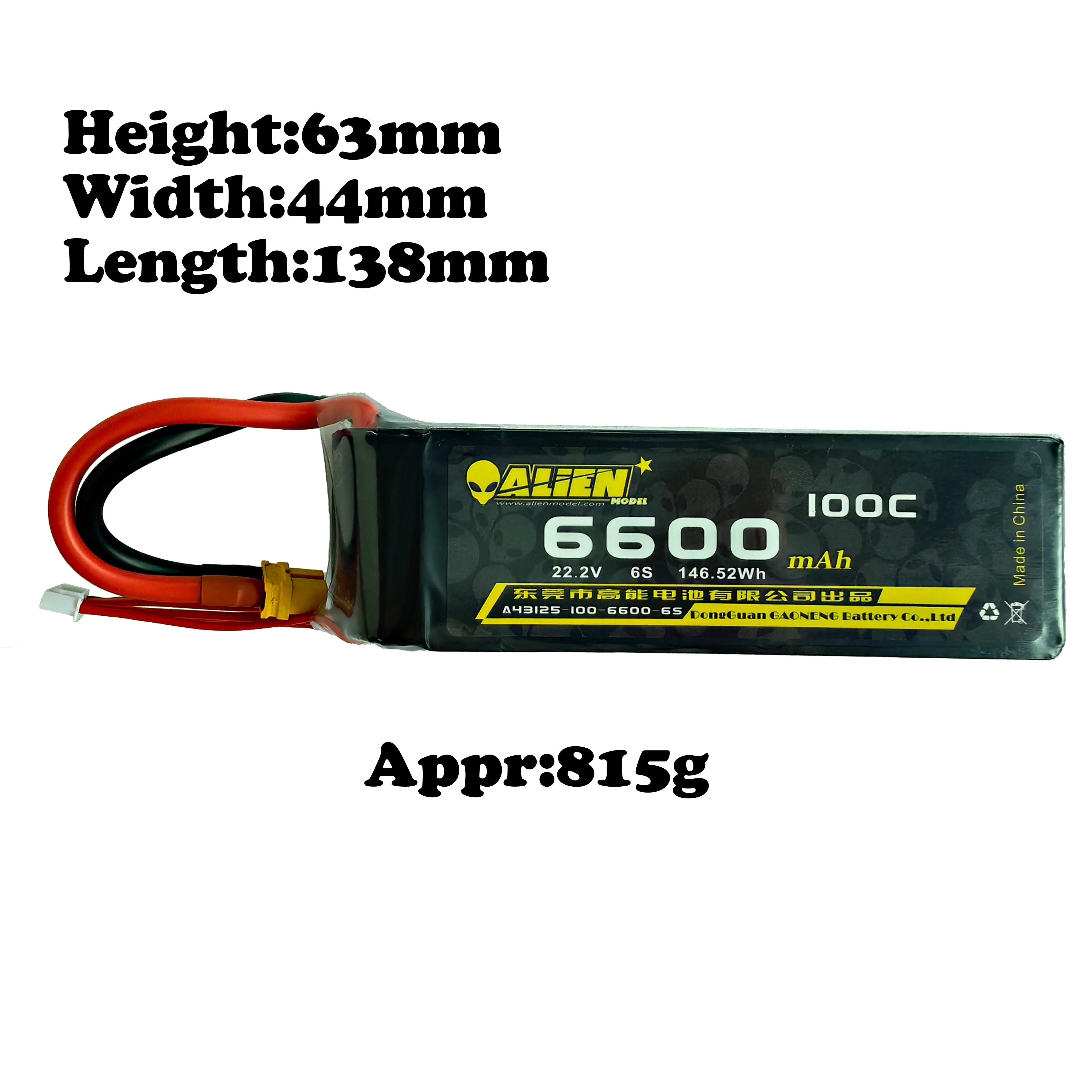 High-Performance Alien 6600mAh 6S 22.2V 100C Lipo Battery with XT60 Plug - Perfect for RC Drones, Cars, and Airplanes