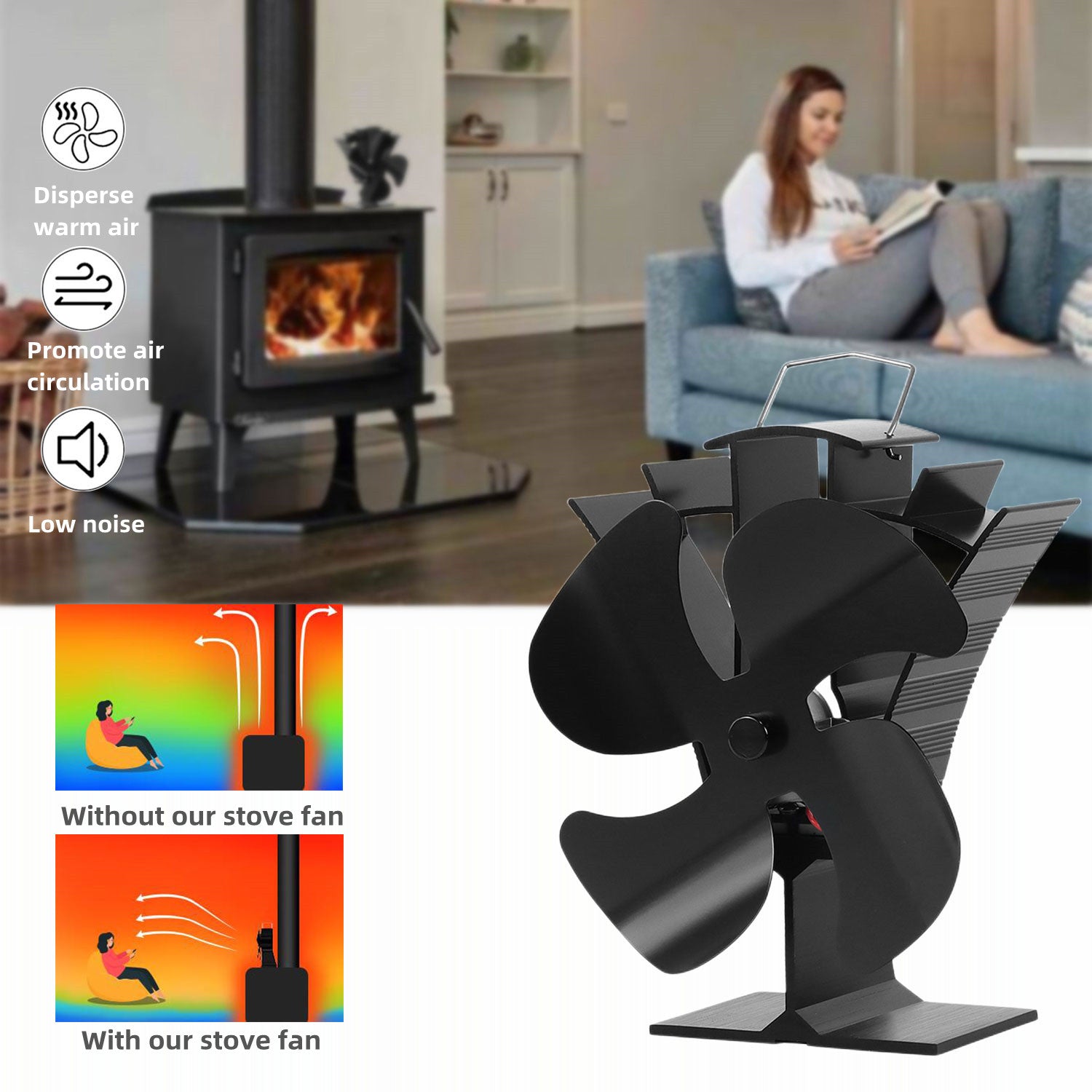 4 Blade Stove Fan VDSF684B - Efficient Heat Circulation for Fireplace, Wood Stove & Home Heating - Quiet & Energy Saving Eco-Friendly Design