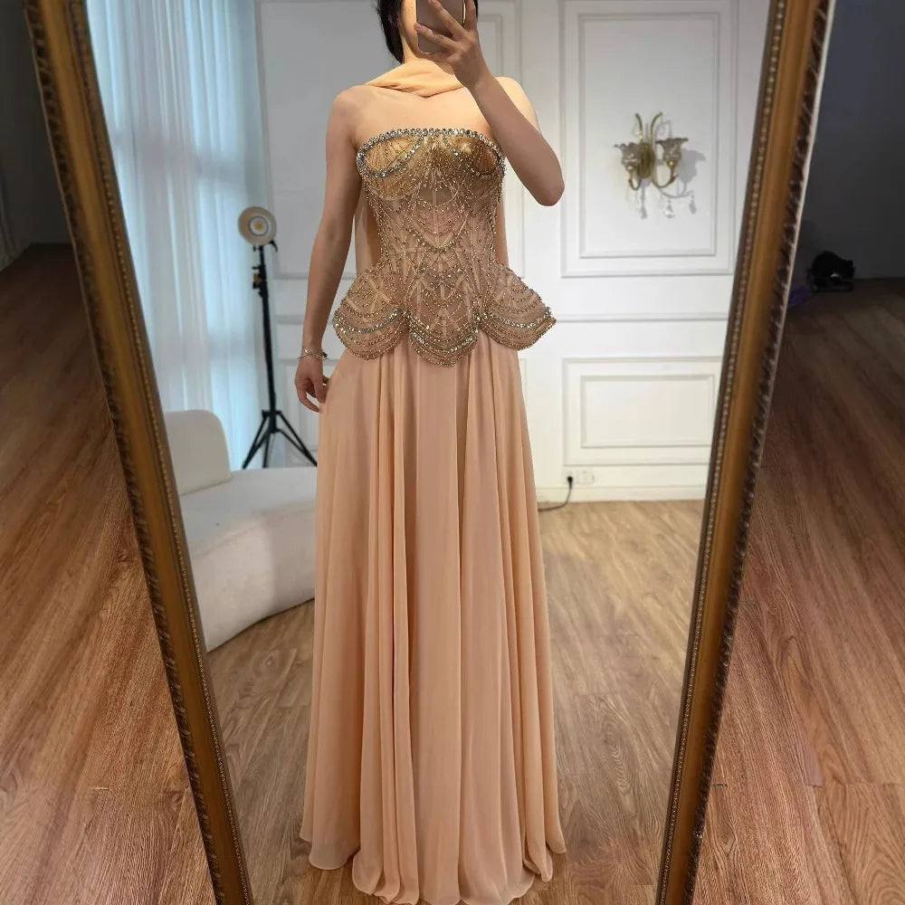Luxury Designer Nude Beaded Chiffon Evening Gown for Wedding Party Prom Formal Events - Elegant Long Dress for Bridesmaids Special Occasions