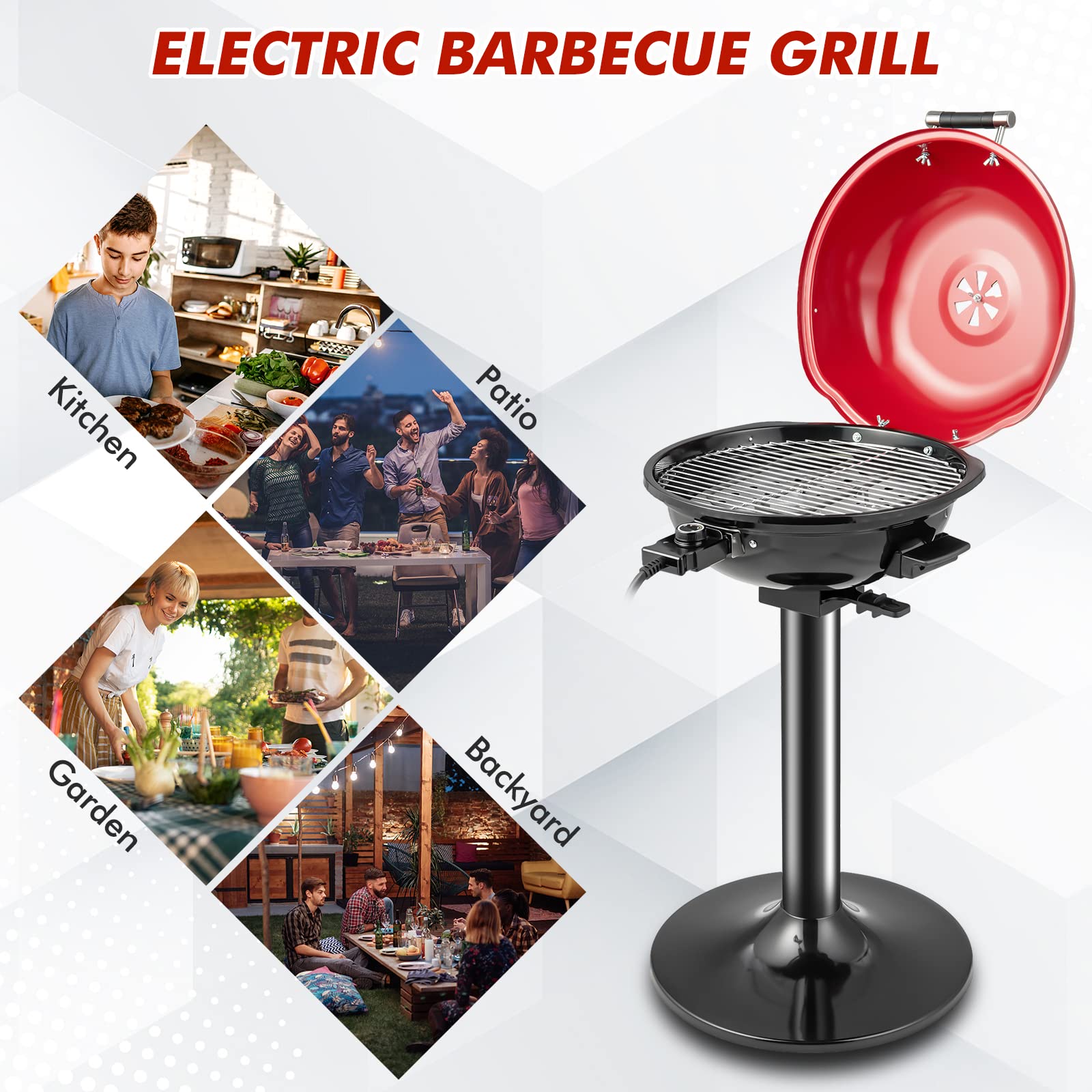 HAPPYGRILL 1600W Portable Electric Grill - Outdoor & Indoor BBQ Grill for 15 People, Compact Stand Grill for Patio, Balcony, Kitchen, Garden - Perfect for Camping, Picnics, Tailgating and Family Gatherings