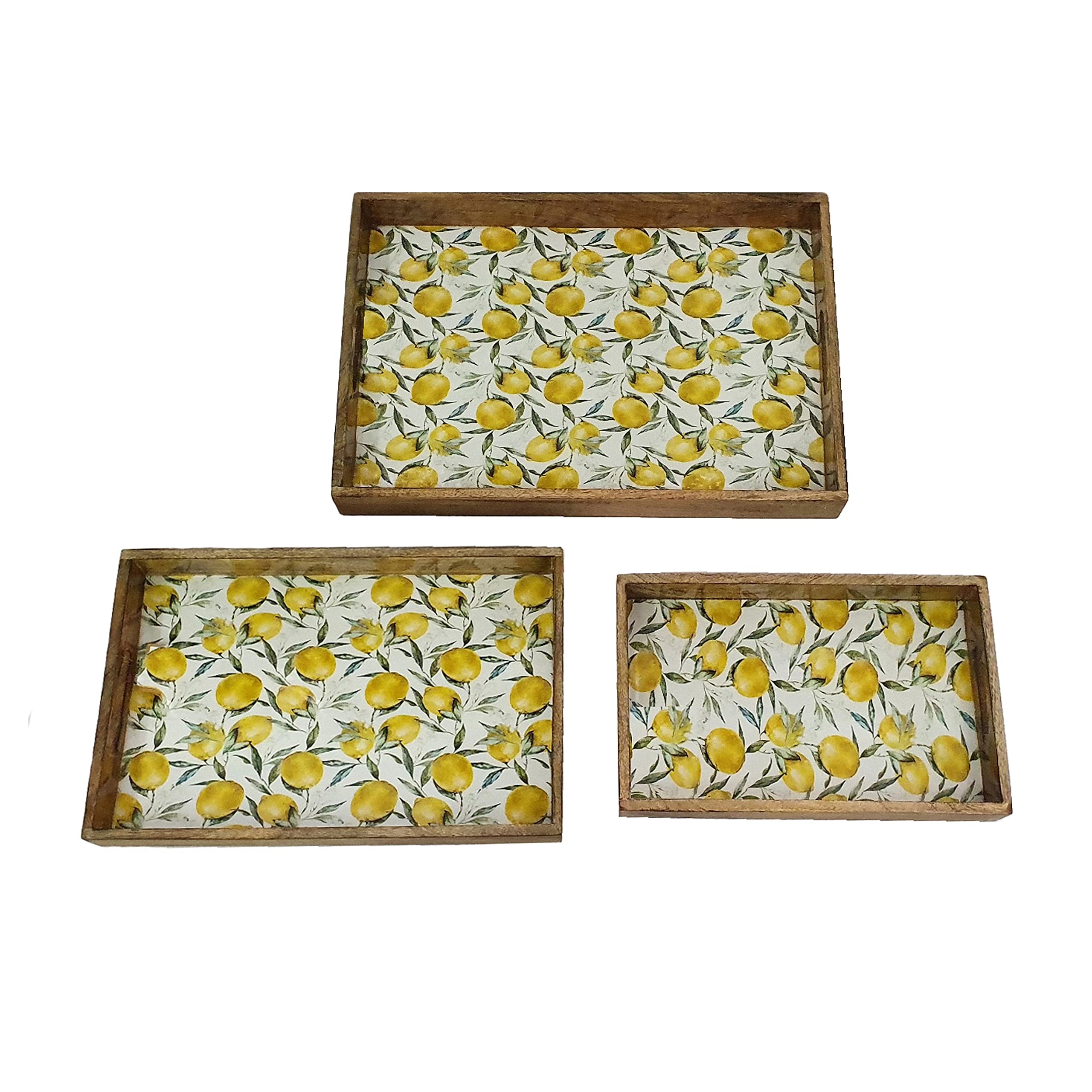 Set of 3 Lemon Print Decorative Wooden Trays - Multi-Color Transitional Rectangle Serving Trays for Kitchen, Dining Table, and Party Decor