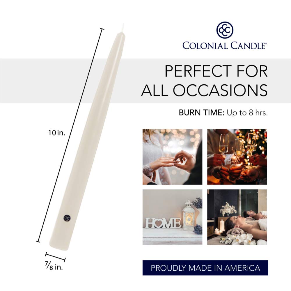 Colonial Candle Unscented Taper Candles - Handipt Collection Ivory 10-Inch (Pack of 12) - 8 Hour Burn Time - Perfect for Dining Tables, Weddings & Home Decor