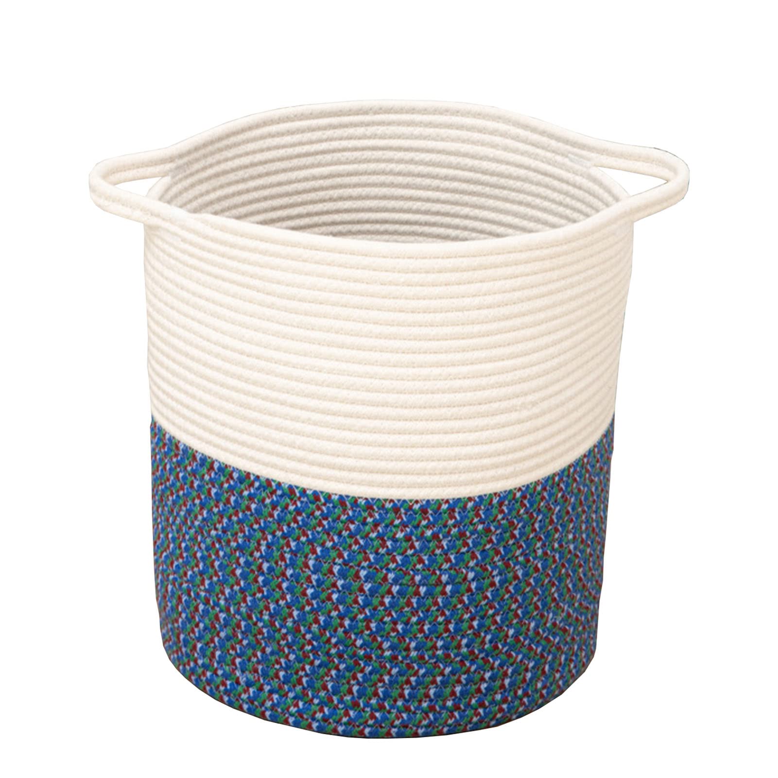 GWQDJ Woven Storage Basket with Handles - Laundry Hamper & Blanket Organizer, Natural Cotton Rope Storage Bin for Living Room, Bedroom, Nursery in Blue | Perfect for Home Organization & Closet Storage